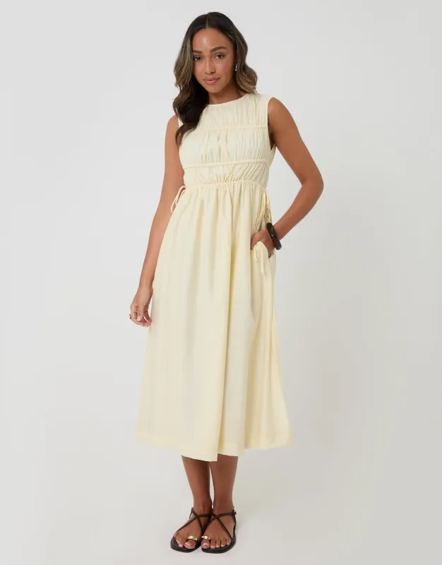 Ruched Drawstring Midi Dress in Yellow made by Threadbare