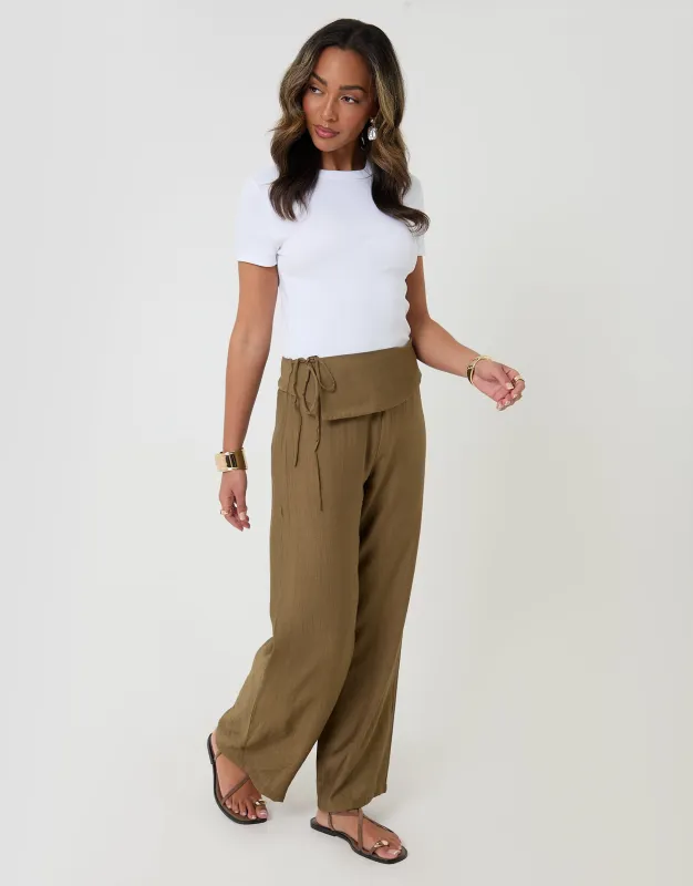 Wide Leg Wrap Front Textured Trousers in Khaki Green made by Threadbare