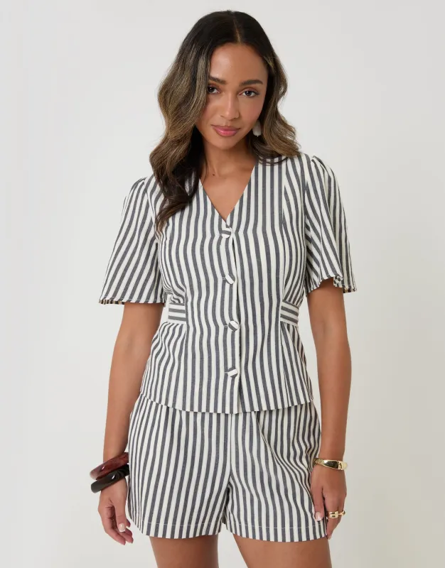 Flutter Sleeve Top in Navy Stripe made by Threadbare