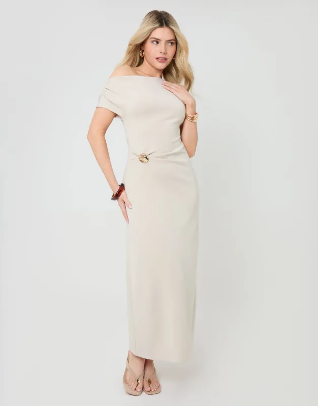 Ecru Off Shoulder Draped Jersey Maxi Dress made by Threadbare