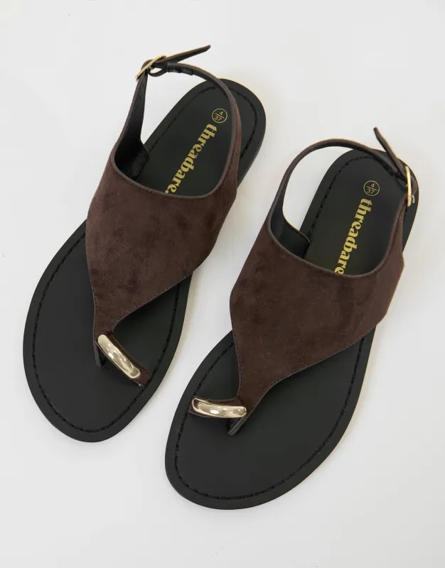 Chocolate Brown T-Strap Toe Loop Sandals made by Threadbare