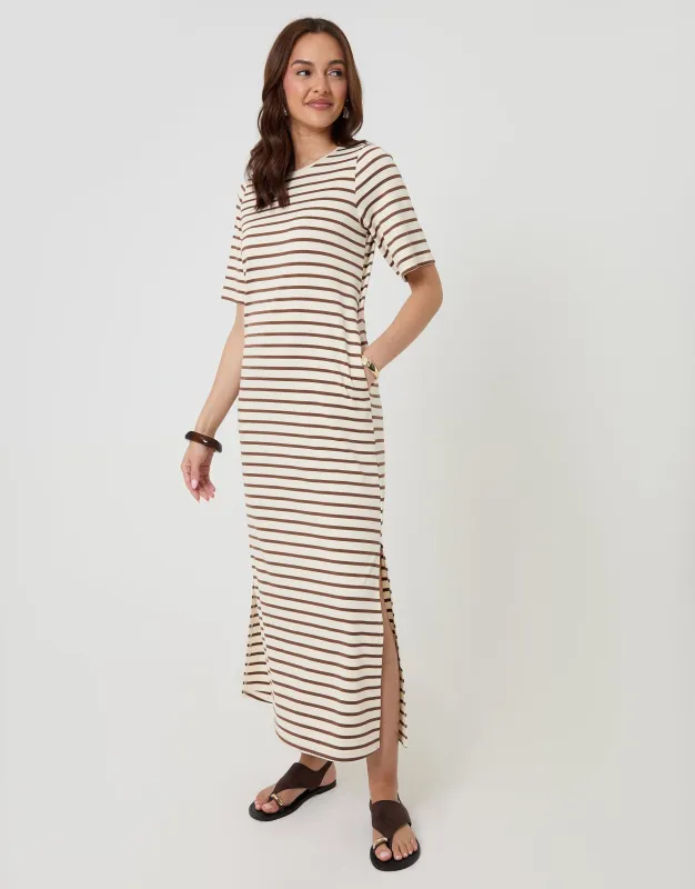 Jersey Maxi T-Shirt Dress in Mocha Brown Stripe made by Threadbare