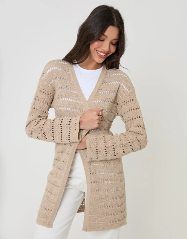 Stone Longline Crochet Pointelle Knit Cardigan made by Threadbare