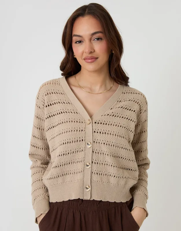 Stone Pointelle Knit V-Neck Cardigan made by Threadbare