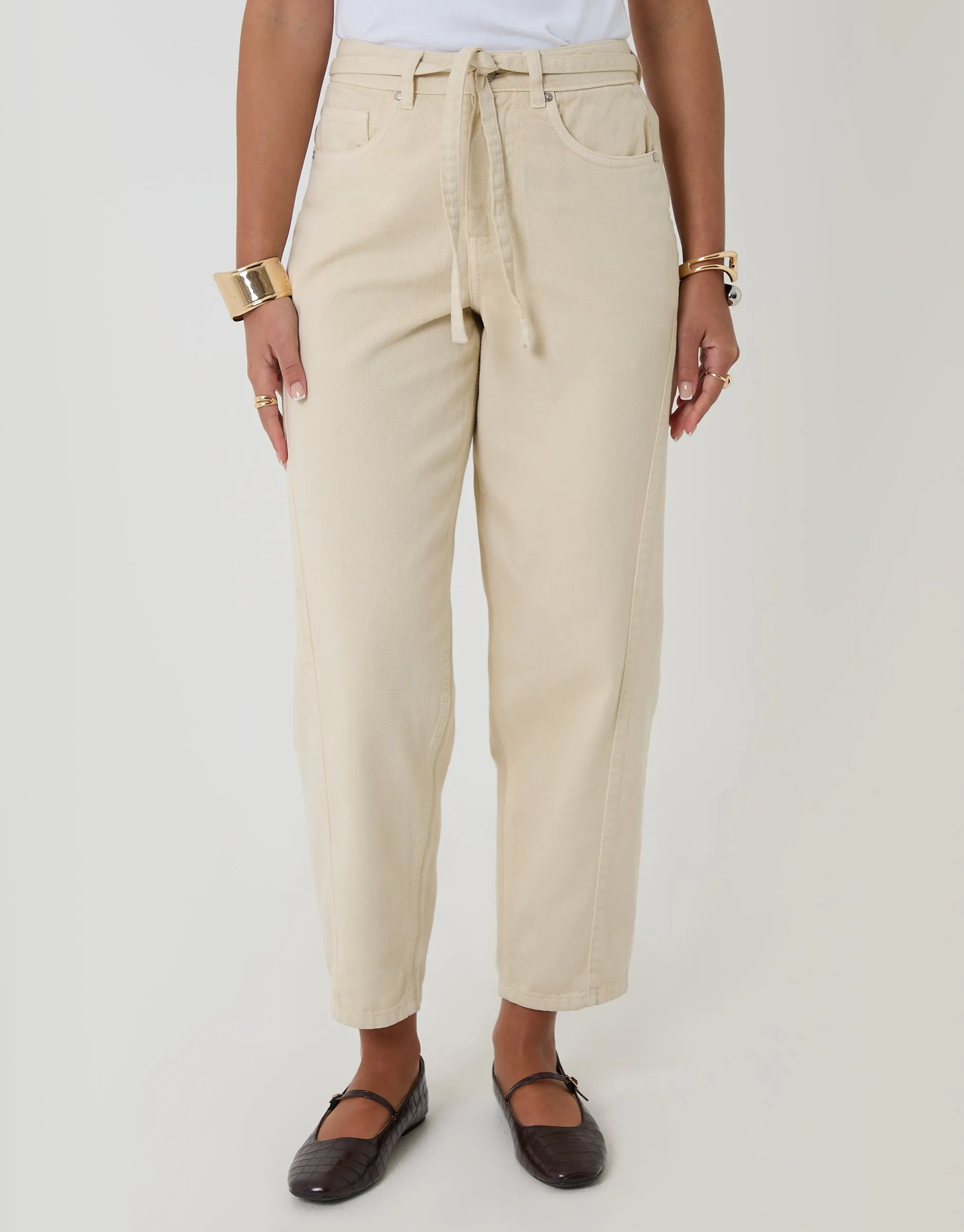 Ecru Belted Barrel Leg Jeans sold by Threadbare product image thumbnail 2