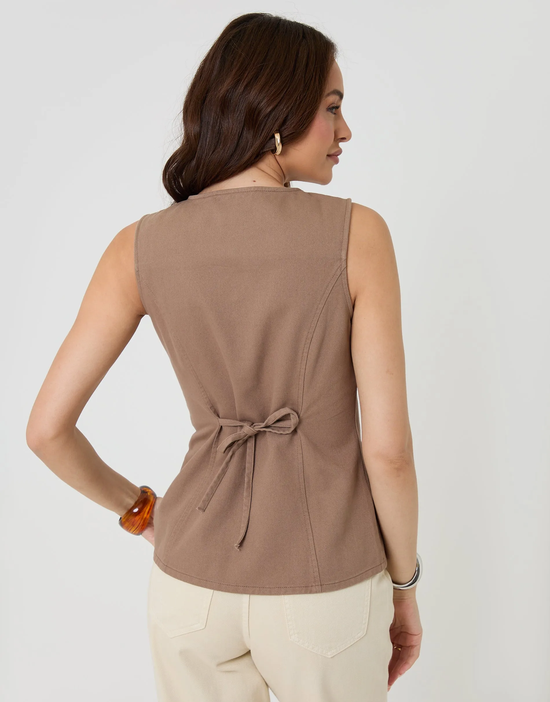 Denim Longline Waistcoat in Mocha Brown sold by Threadbare product image thumbnail 2