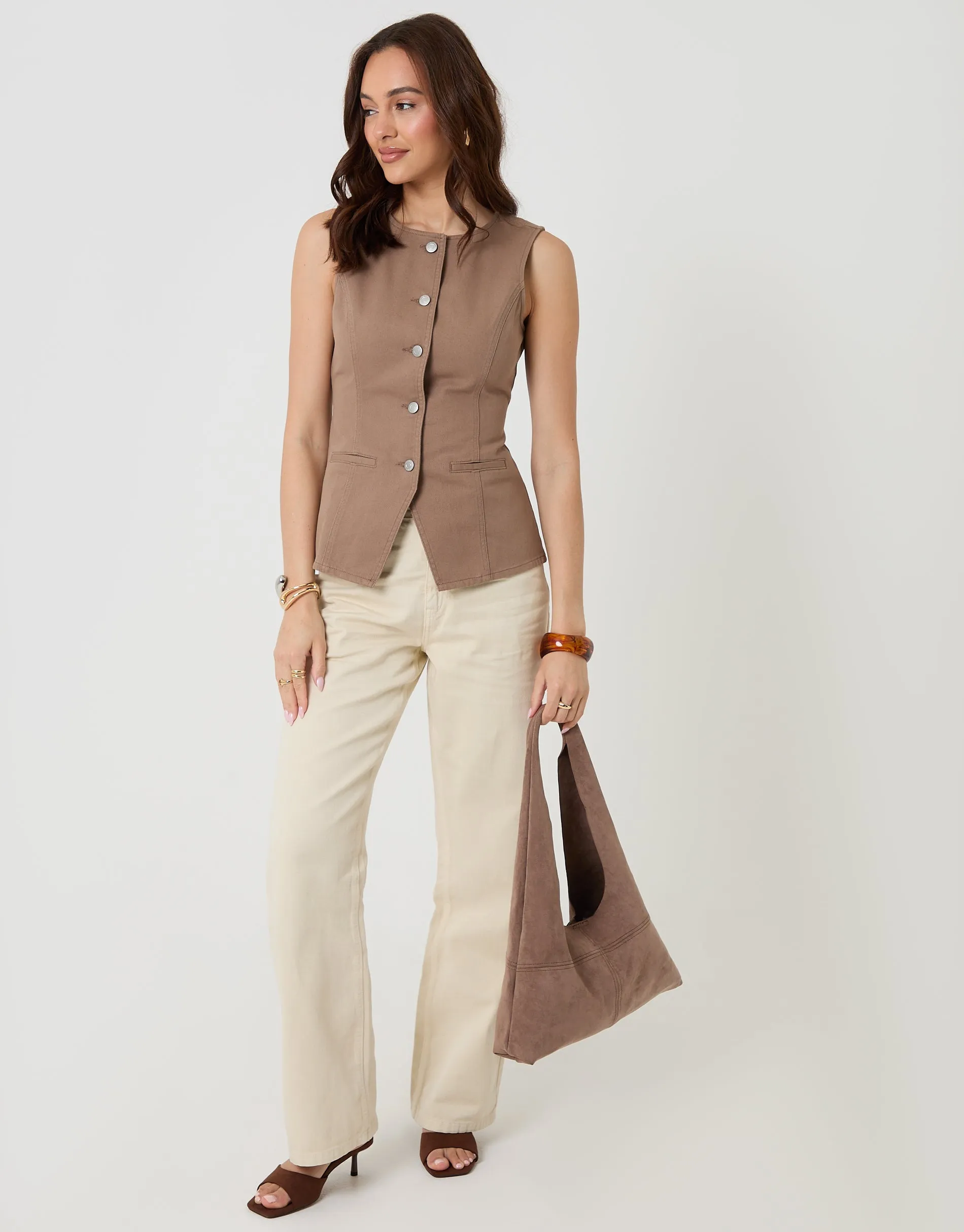 Denim Longline Waistcoat in Mocha Brown sold by Threadbare