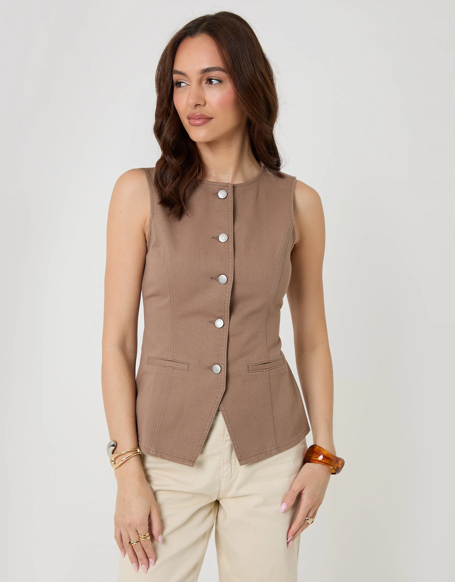 Denim Longline Waistcoat in Mocha Brown sold by Threadbare product image thumbnail 3