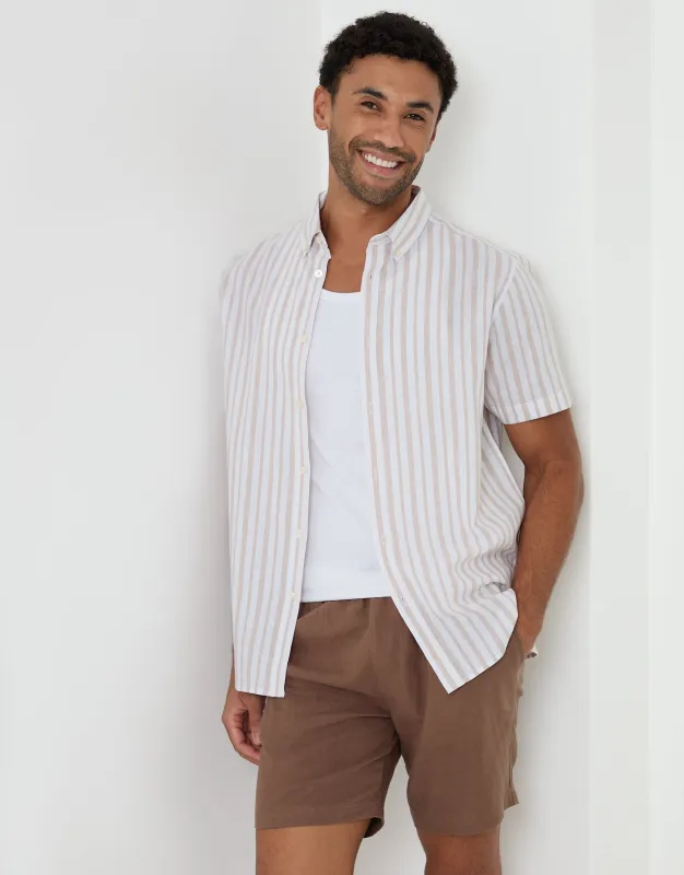 Stone Stripe Linen Cotton Blend Short Sleeve Shirt made by Threadbare