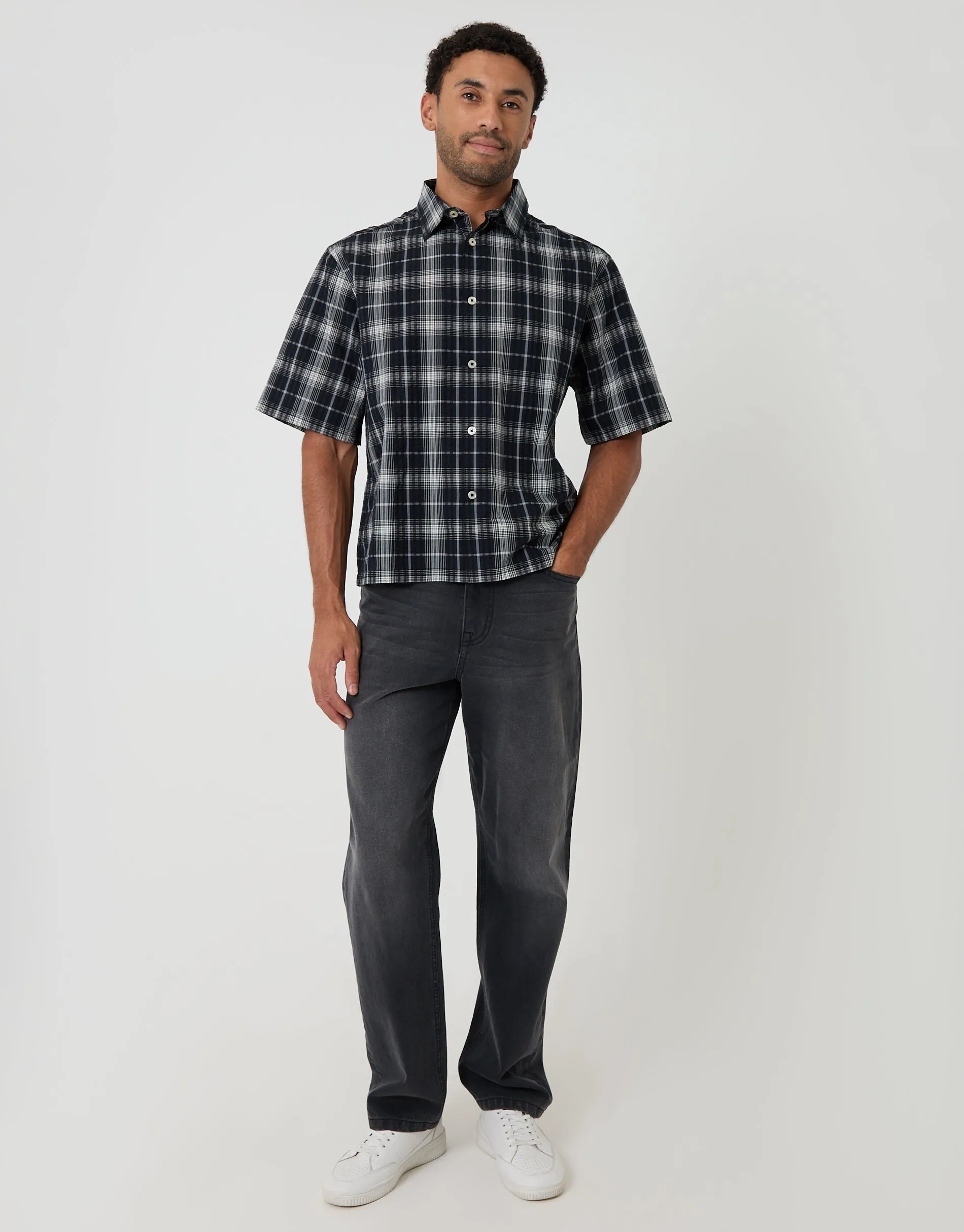 Boxy Fit Short Sleeve Shirt in Black Check sold by Threadbare product image thumbnail 3
