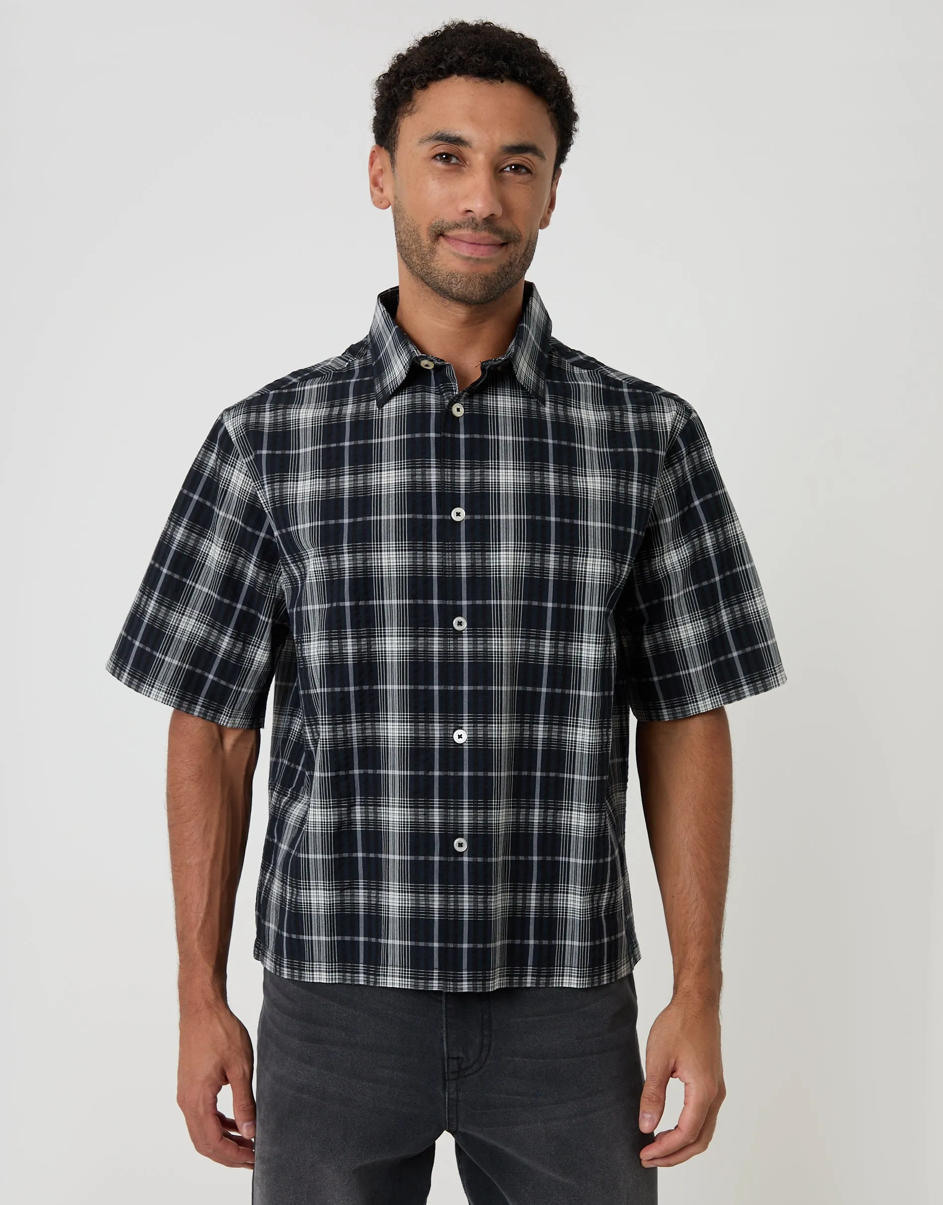 Boxy Fit Short Sleeve Shirt in Black Check sold by Threadbare