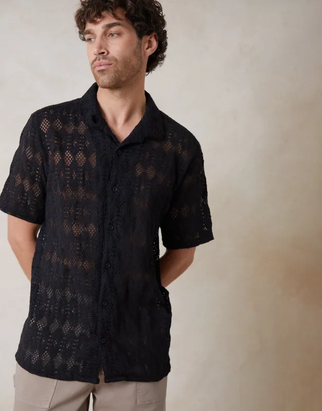 Crochet Patterned Textured Short Sleeve Shirt in Black made by Threadbare