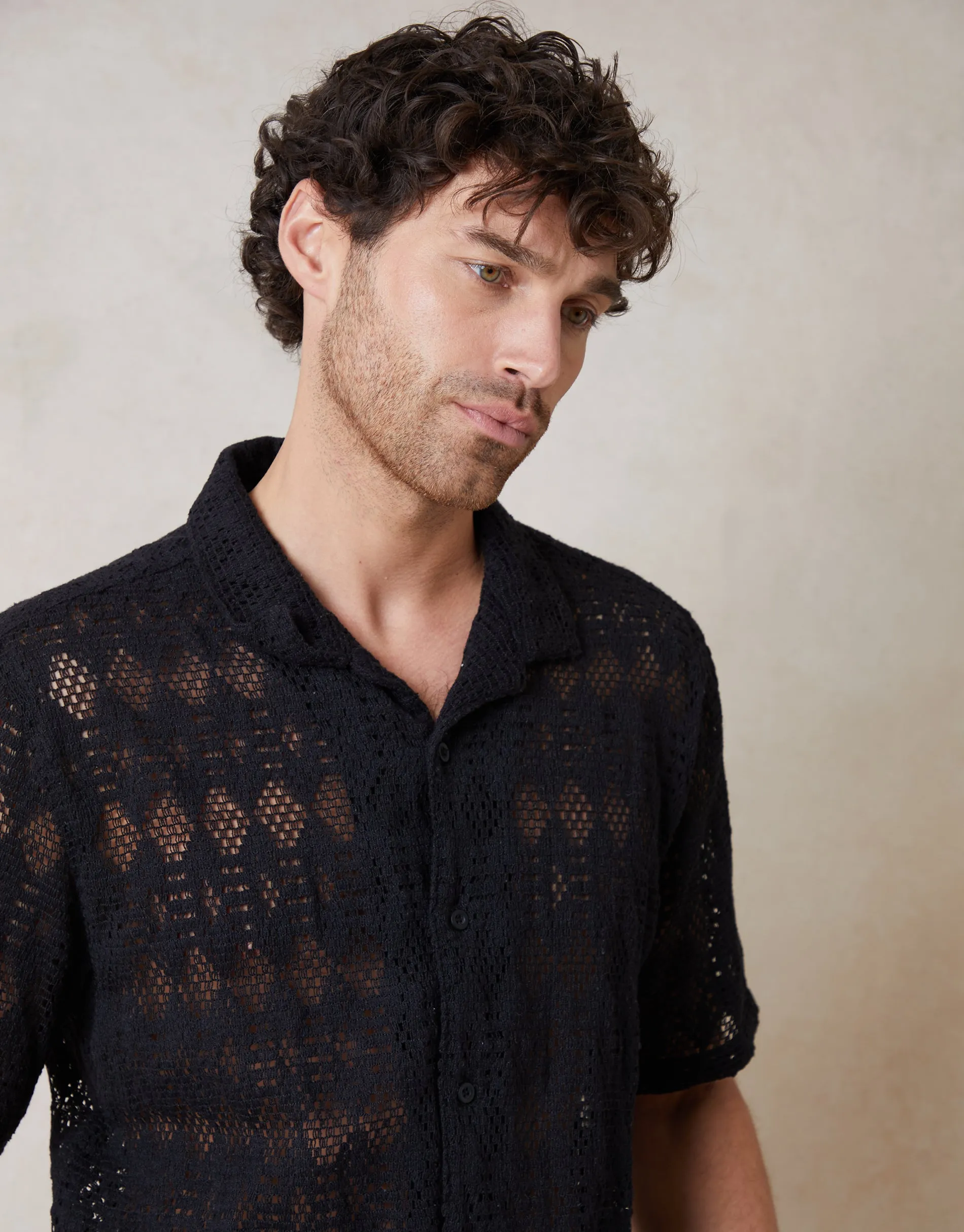 Crochet Patterned Textured Short Sleeve Shirt in Black sold by Threadbare product image thumbnail 4