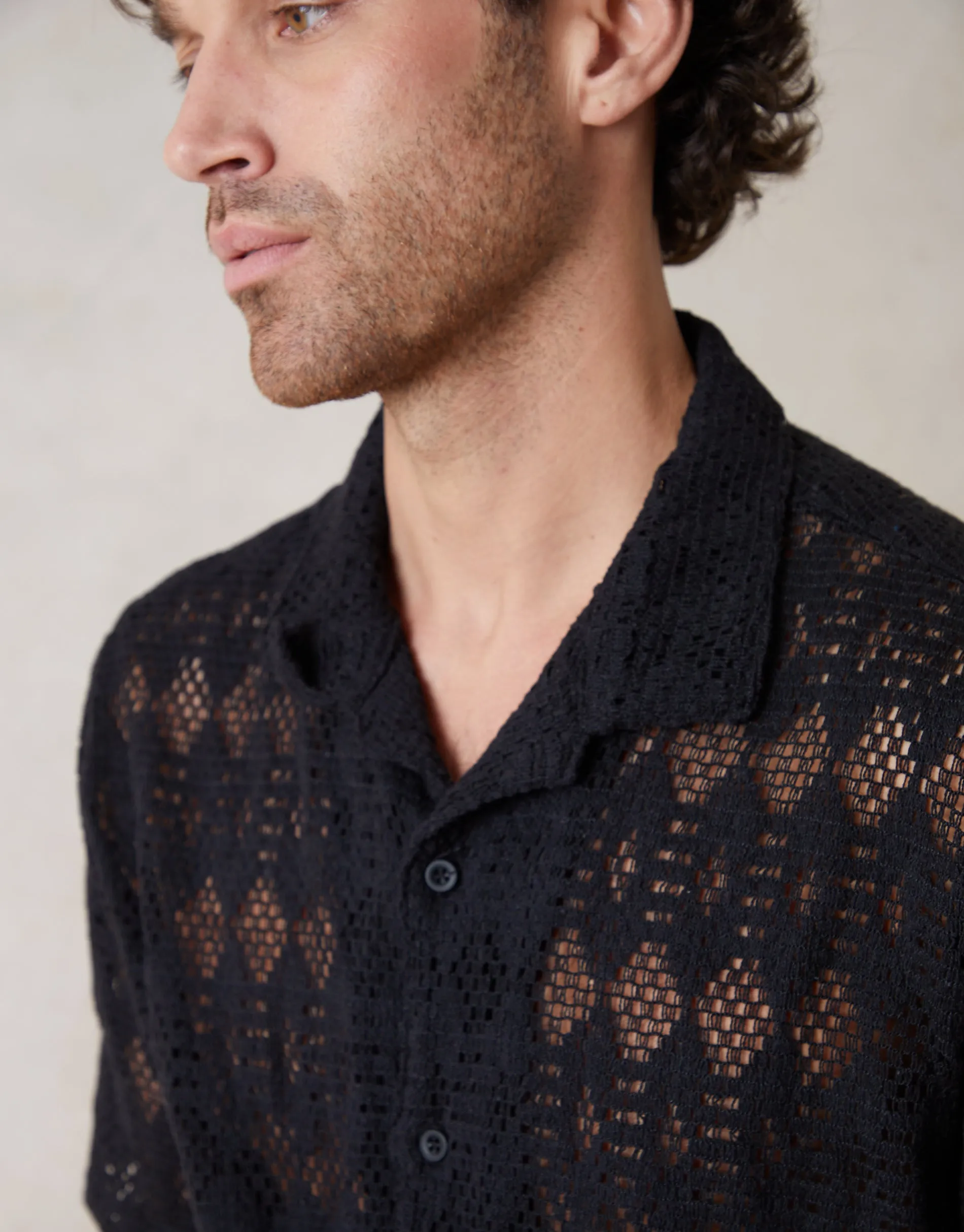 Crochet Patterned Textured Short Sleeve Shirt in Black sold by Threadbare product image thumbnail 2