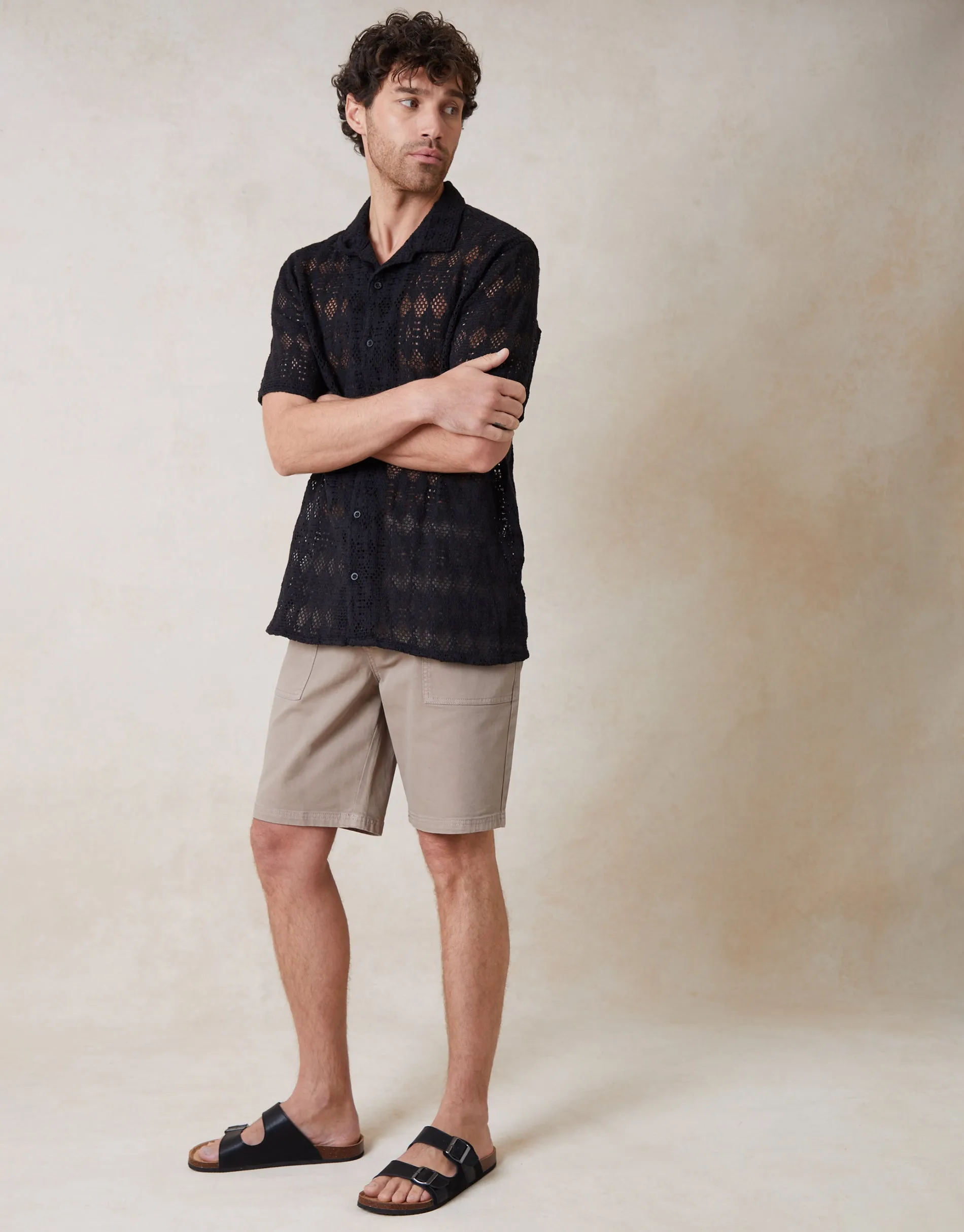 Crochet Patterned Textured Short Sleeve Shirt in Black sold by Threadbare product image thumbnail 3