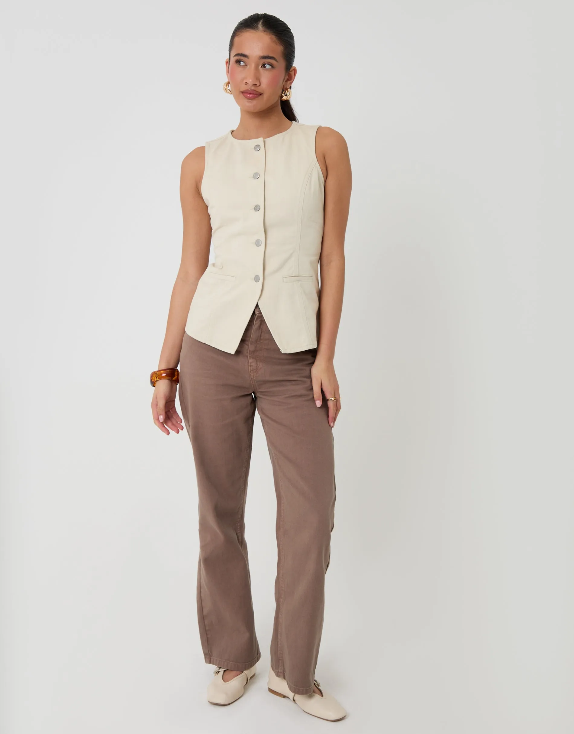 Denim Longline Waistcoat in Ecru sold by Threadbare product image thumbnail 3