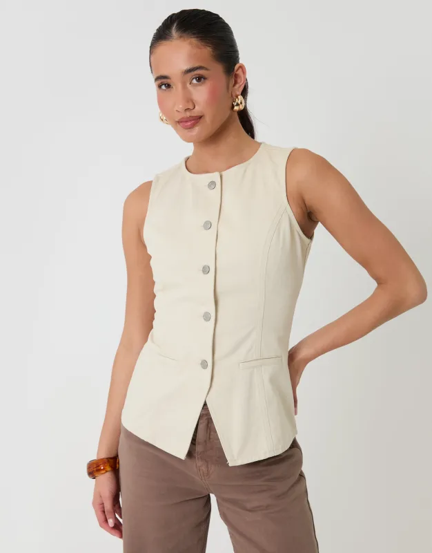 Ecru Denim Longline Waistcoat made by Threadbare