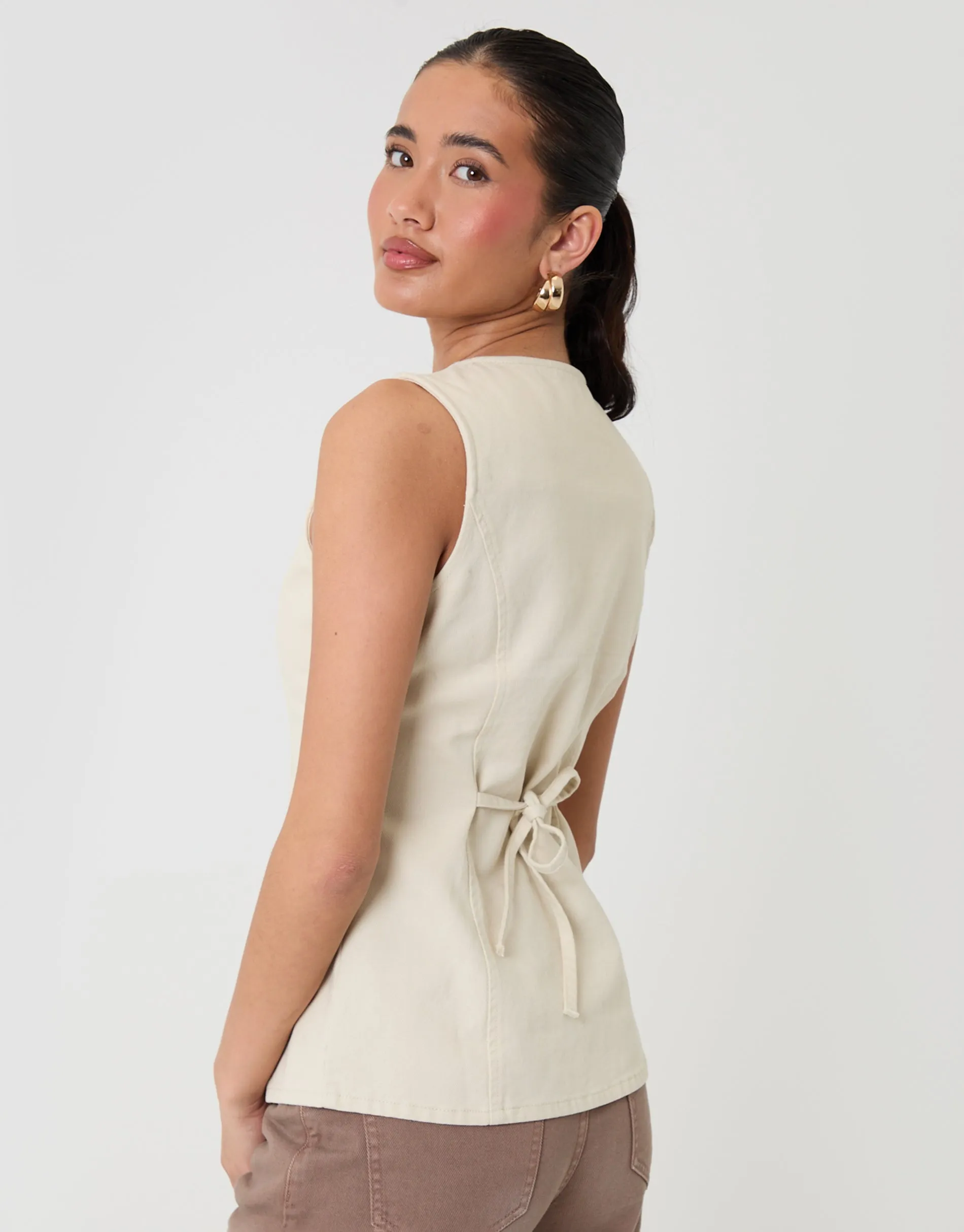 Denim Longline Waistcoat in Ecru sold by Threadbare product image thumbnail 2