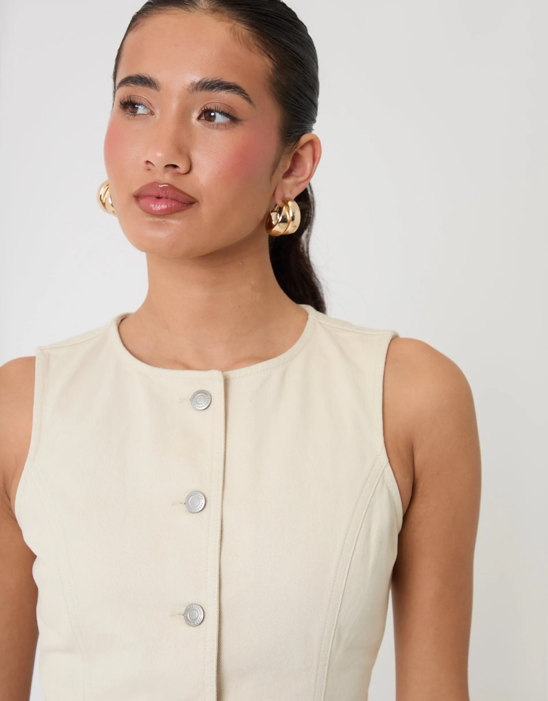 Denim Longline Waistcoat in Ecru sold by Threadbare product image thumbnail 4