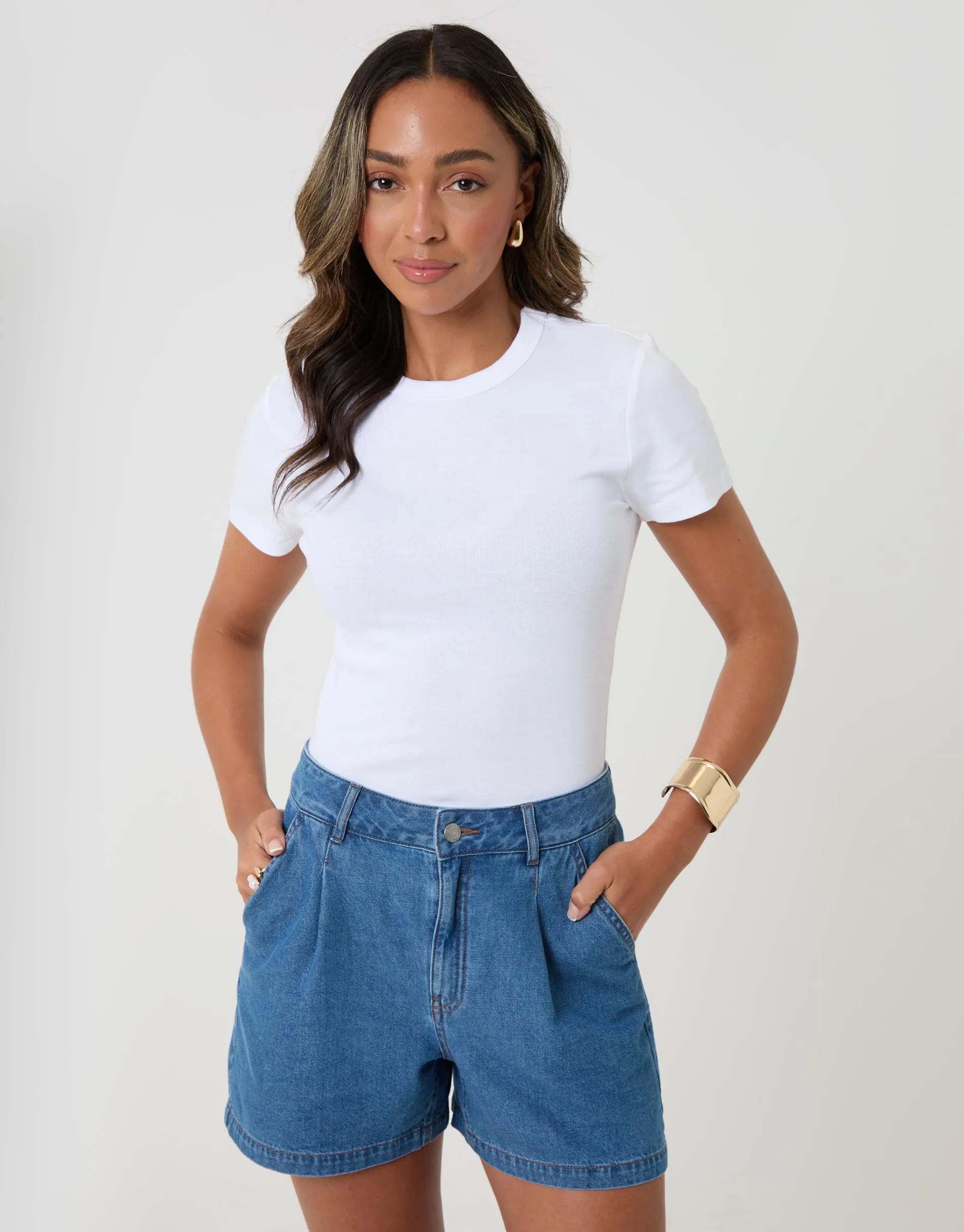Denim Tailored Shorts in Mid Wash sold by Threadbare