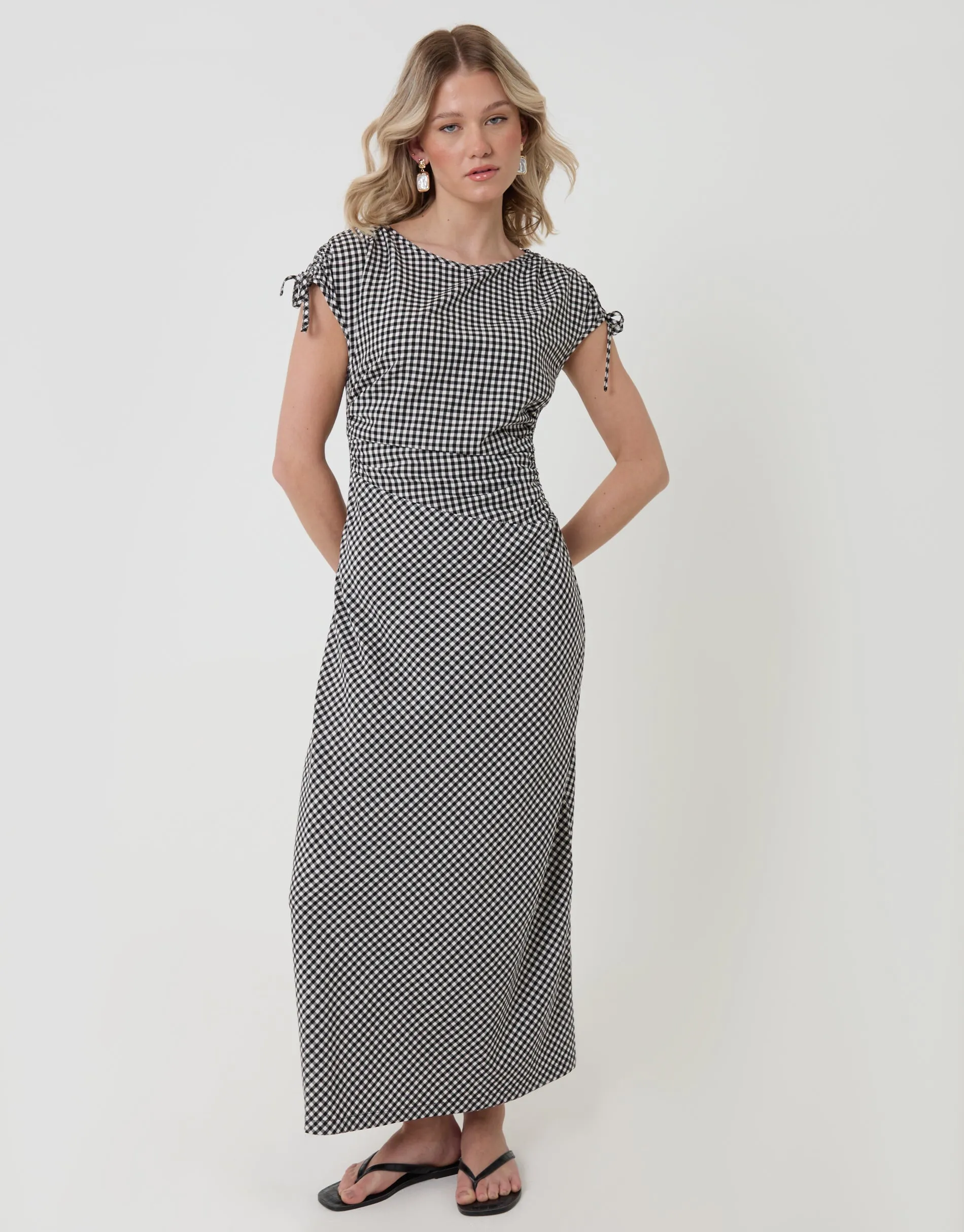 Mono Gingham Ruched Midi Dress with Shoulder Tie Details sold by Threadbare product image thumbnail 3