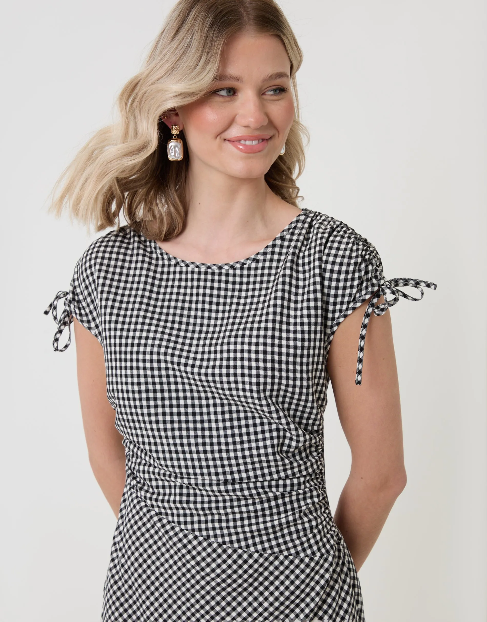 Mono Gingham Ruched Midi Dress with Shoulder Tie Details sold by Threadbare product image thumbnail 4