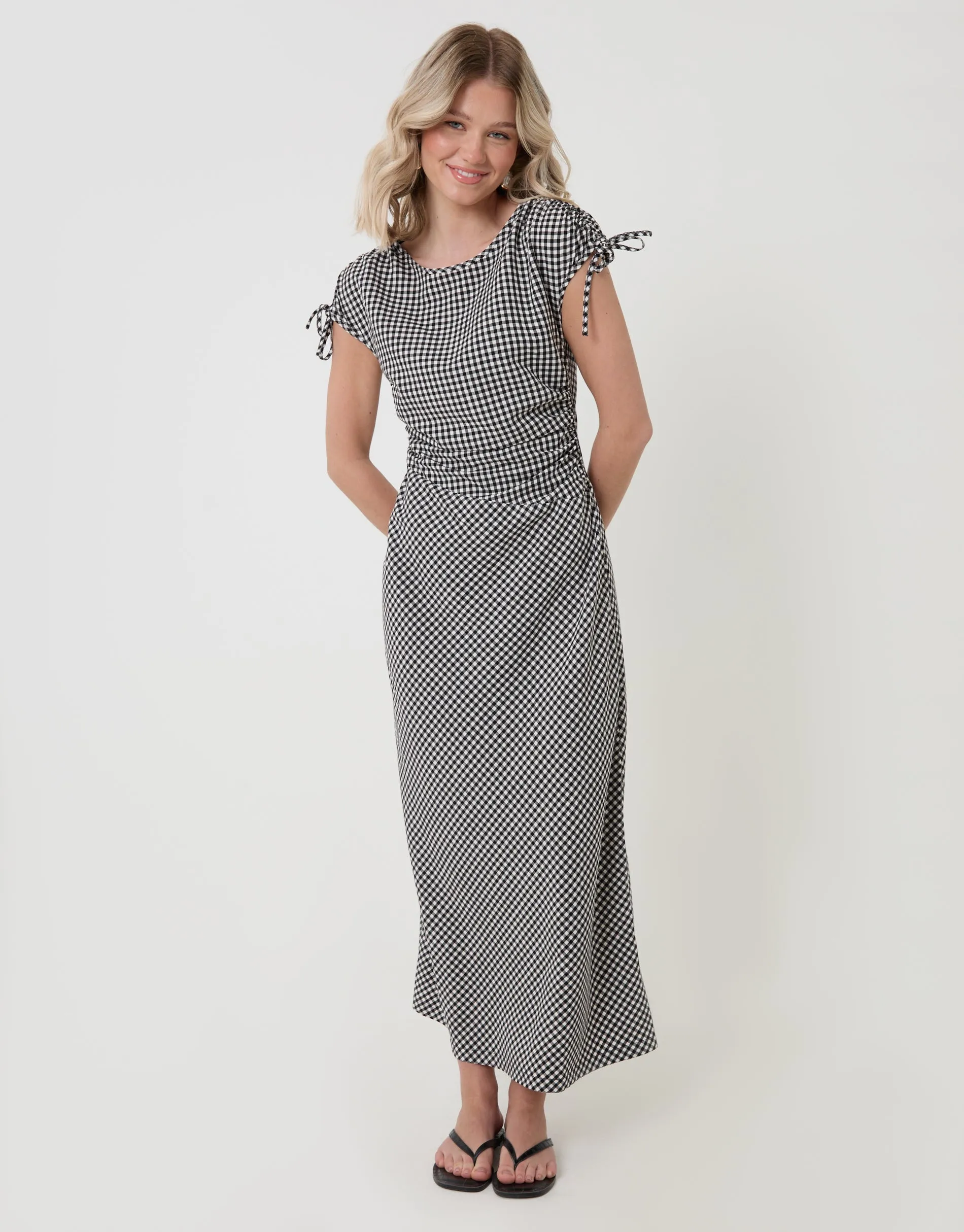 Mono Gingham Ruched Midi Dress with Shoulder Tie Details sold by Threadbare