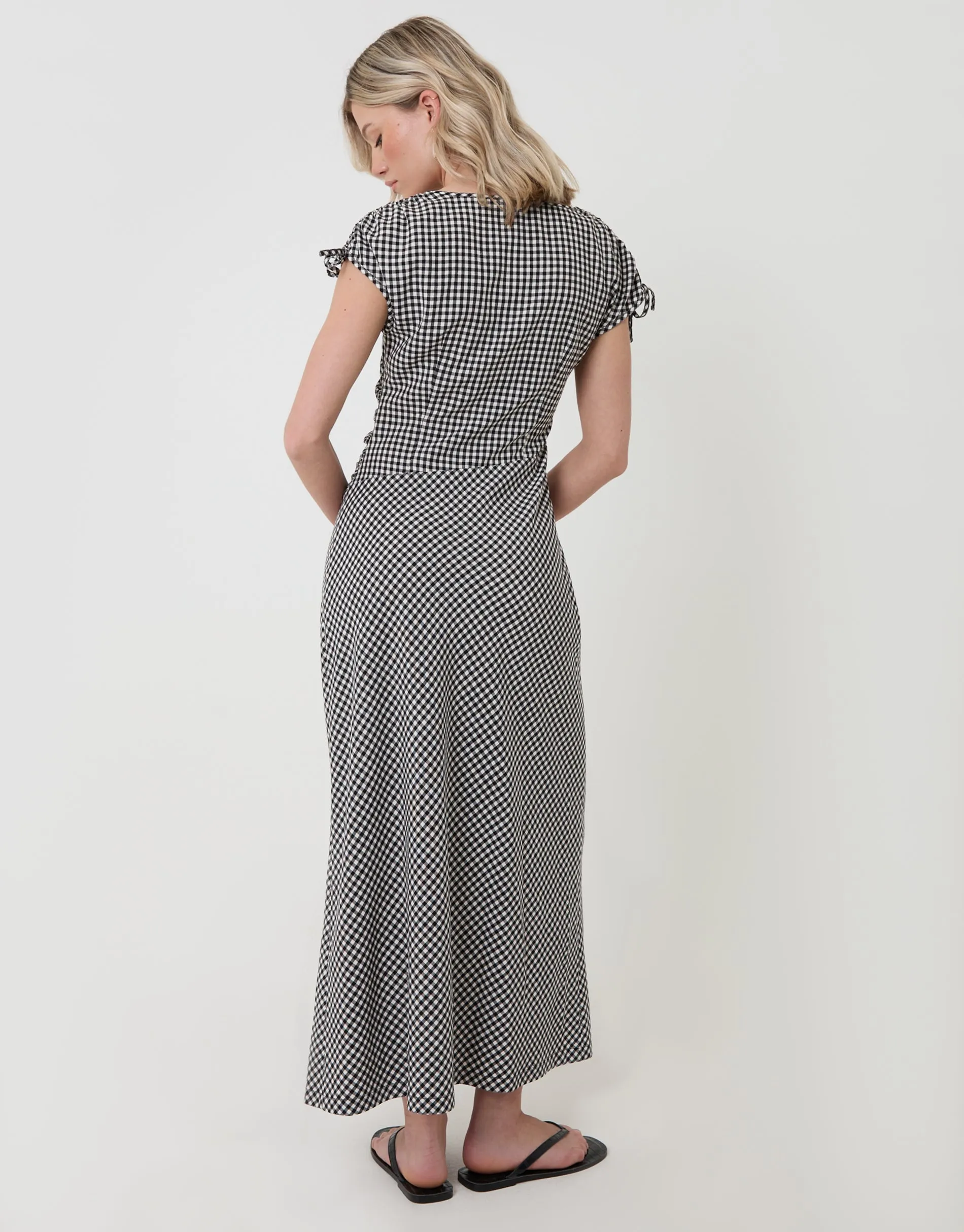 Mono Gingham Ruched Midi Dress with Shoulder Tie Details sold by Threadbare product image thumbnail 2