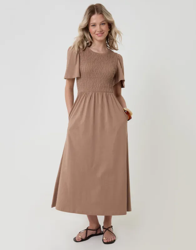 Pure Cotton Shirred Bodice Midi Dress in Mink Brown made by Threadbare