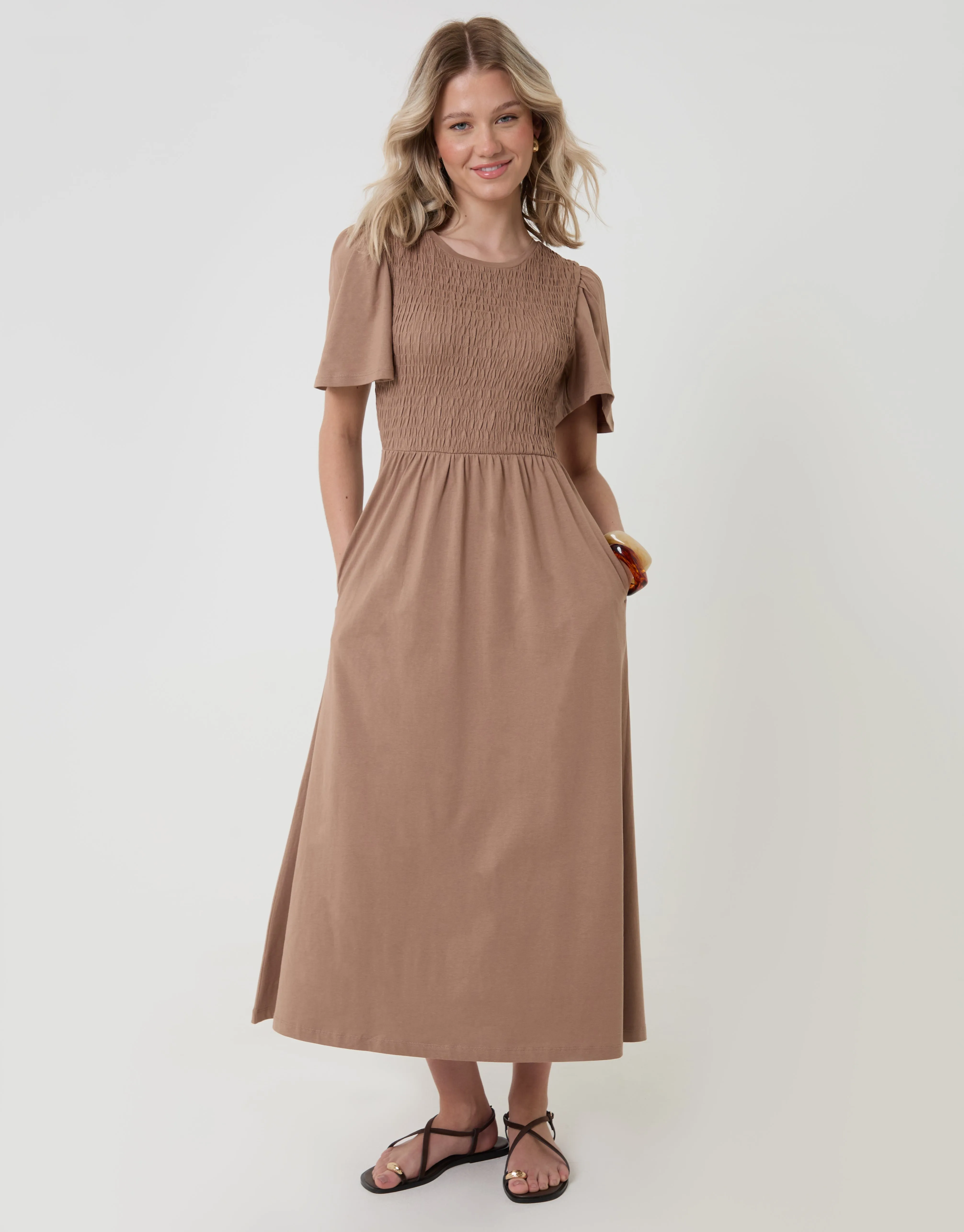 Pure Cotton Shirred Bodice Midi Dress in Mink Brown sold by Threadbare