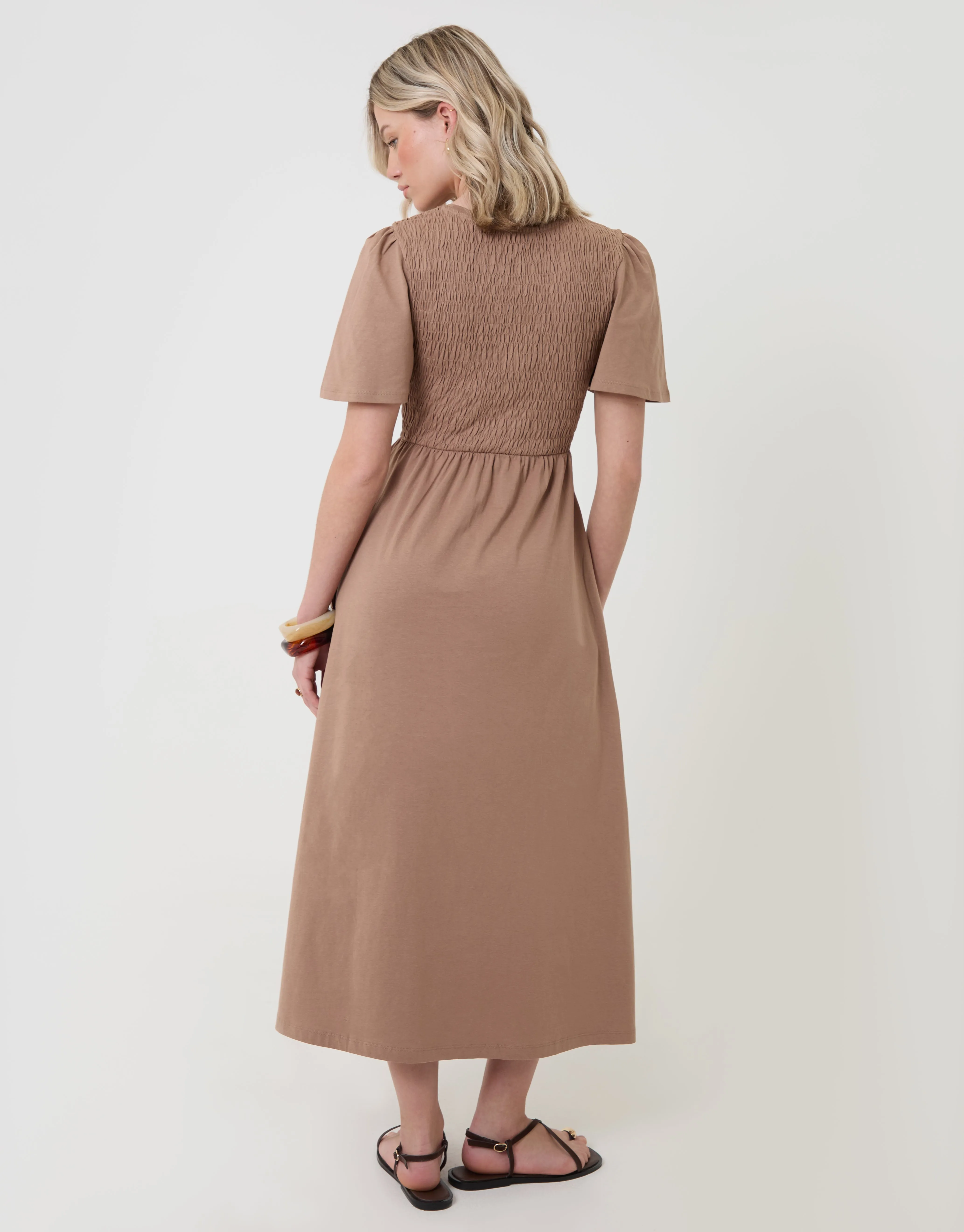 Pure Cotton Shirred Bodice Midi Dress in Mink Brown sold by Threadbare product image thumbnail 2