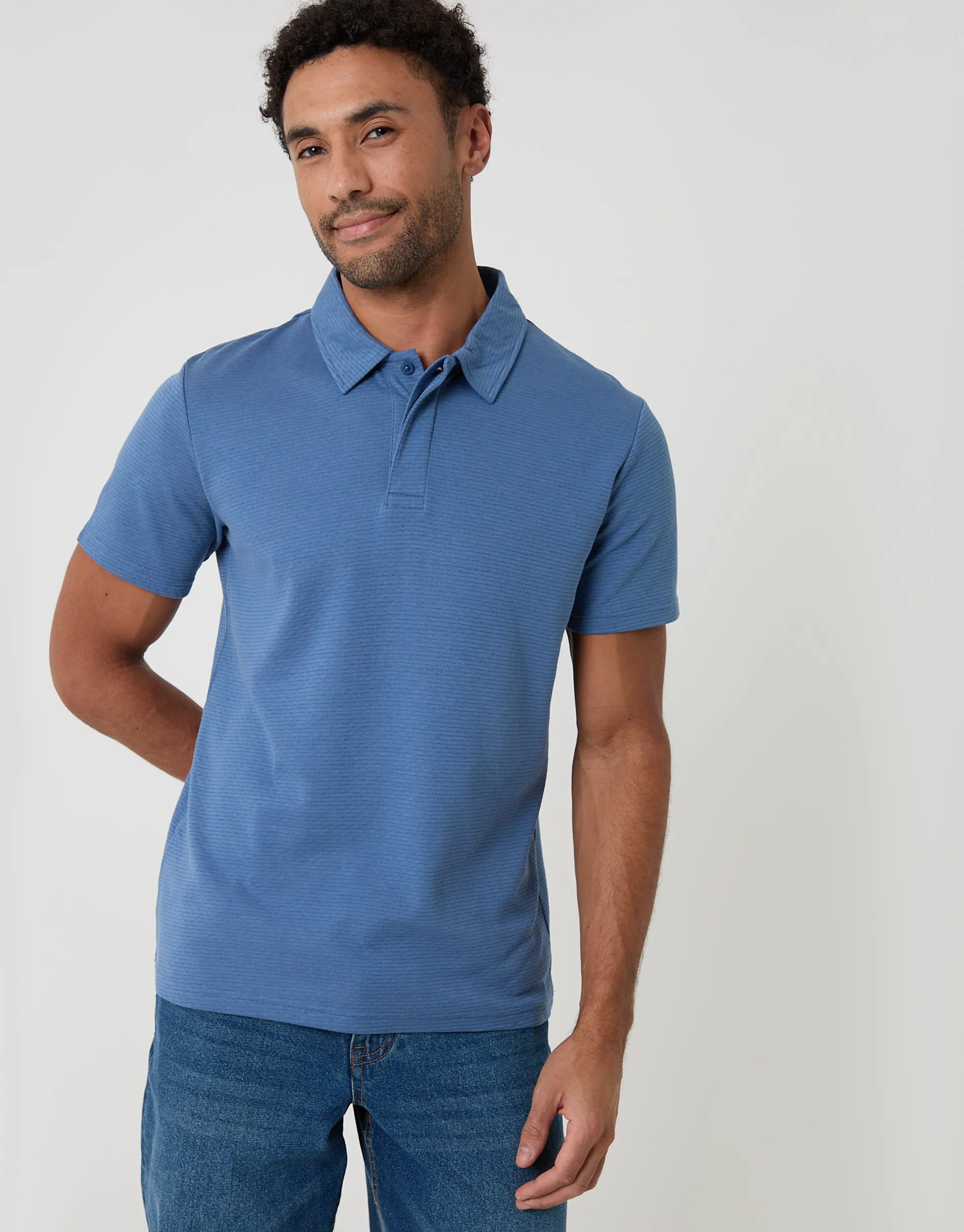 Textured Hidden Placket Polo Shirt in Denim Blue sold by Threadbare product image thumbnail 2