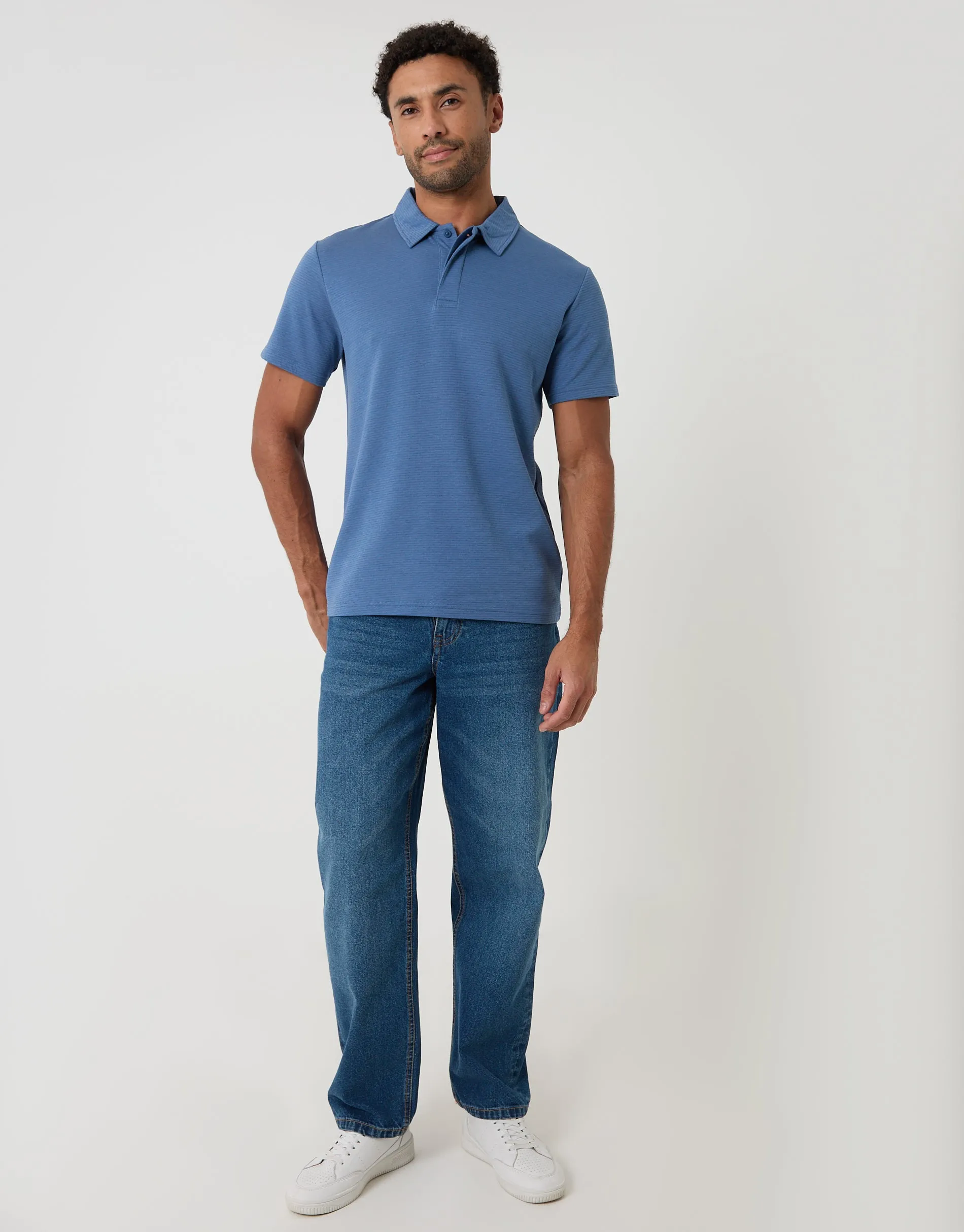 Textured Hidden Placket Polo Shirt in Denim Blue sold by Threadbare product image thumbnail 4