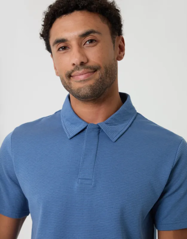 Textured Hidden Placket Polo Shirt in Denim Blue made by Threadbare