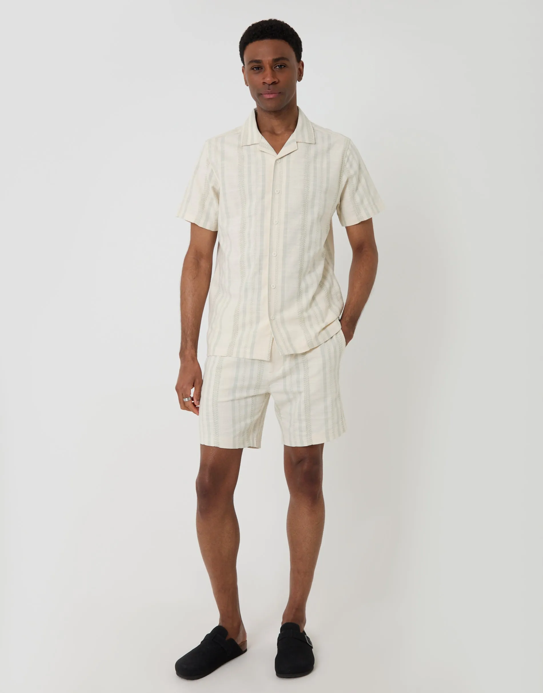 Chevron Cotton Short Sleeve Shirt in Sage Green Stripe sold by Threadbare product image thumbnail 3