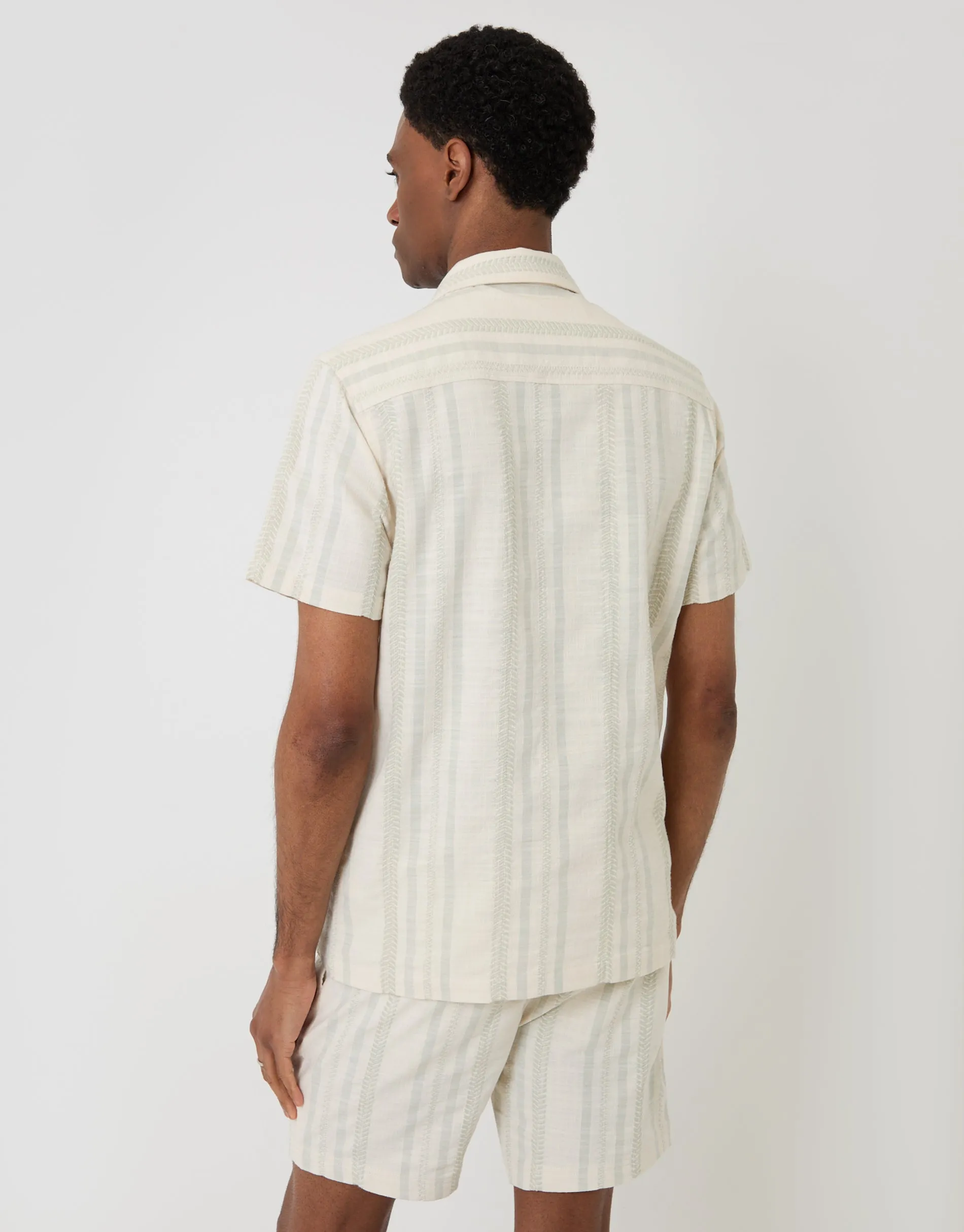 Chevron Cotton Short Sleeve Shirt in Sage Green Stripe sold by Threadbare product image thumbnail 2