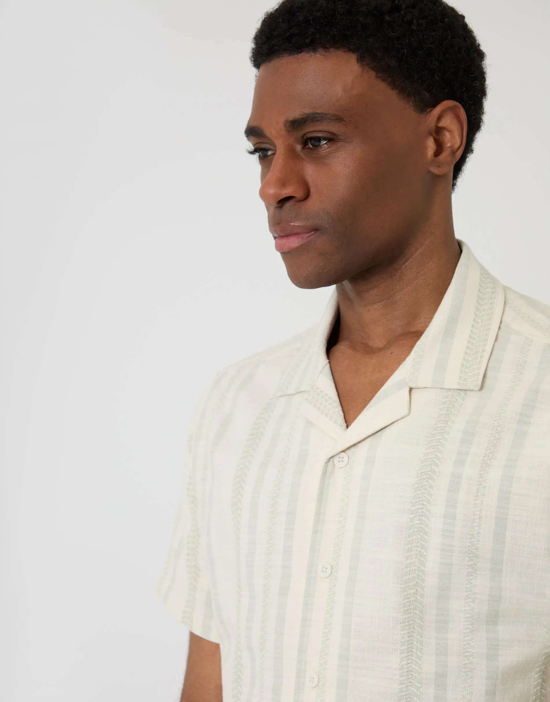 Chevron Cotton Short Sleeve Shirt in Sage Green Stripe sold by Threadbare product image thumbnail 4