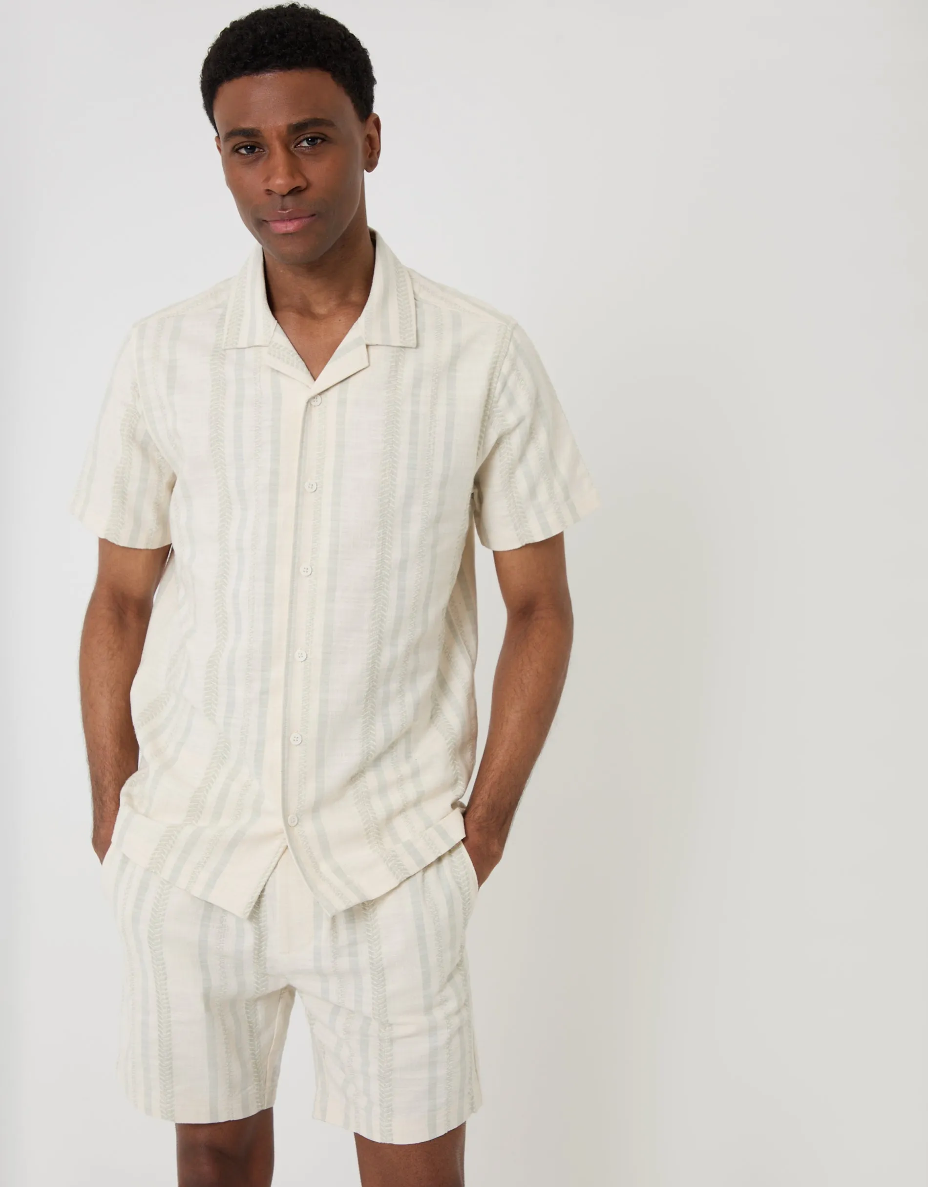 Chevron Cotton Short Sleeve Shirt in Sage Green Stripe sold by Threadbare