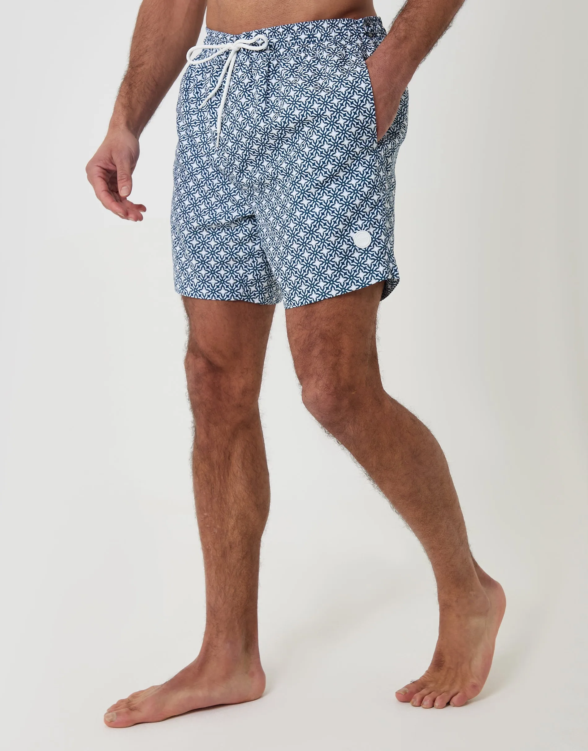 Blue Geo Tile Print Quick Dry Swim Shorts sold by Threadbare