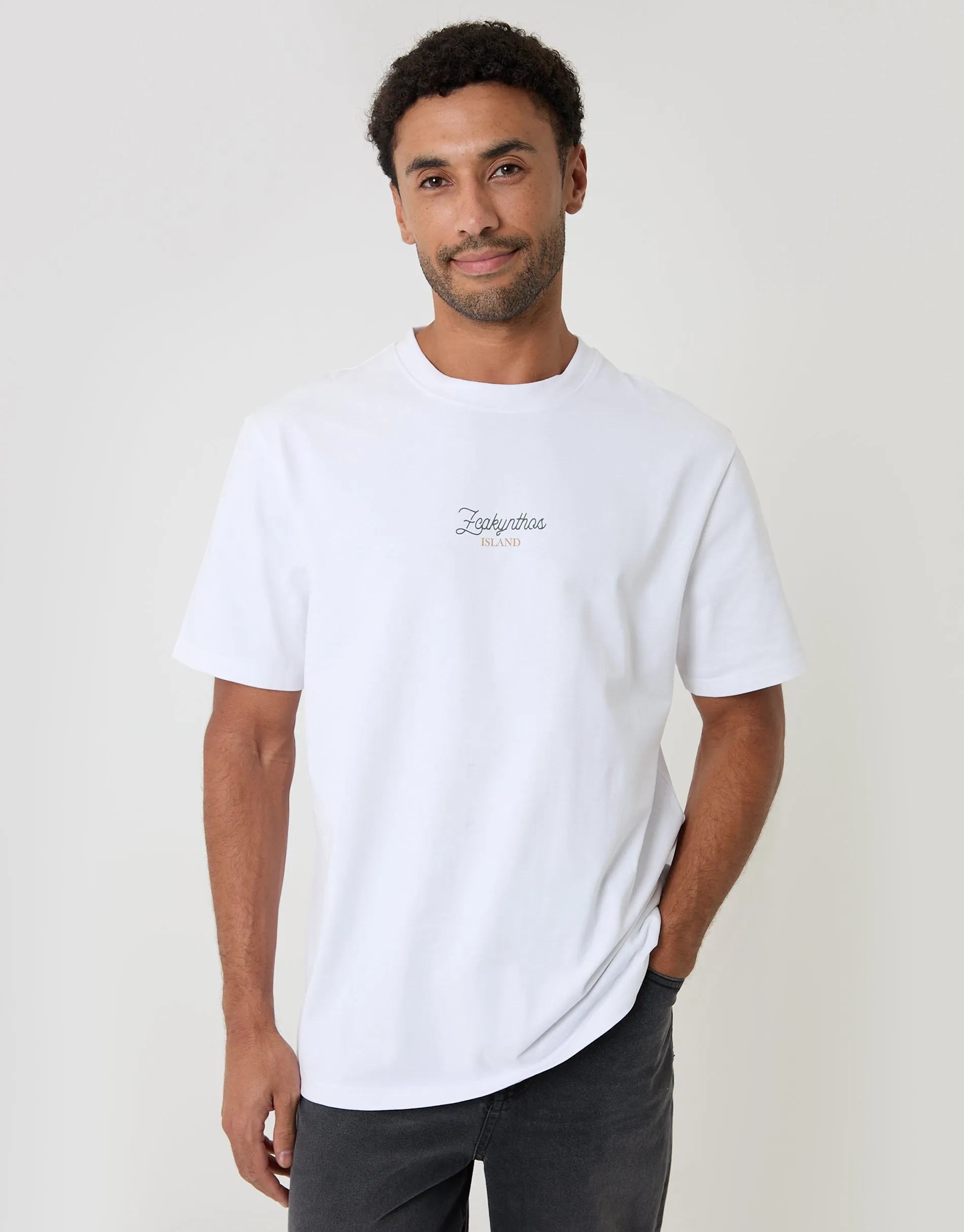 Relaxed Fit Zakynthos Peached Cotton T-Shirt in White sold by Threadbare product image thumbnail 2