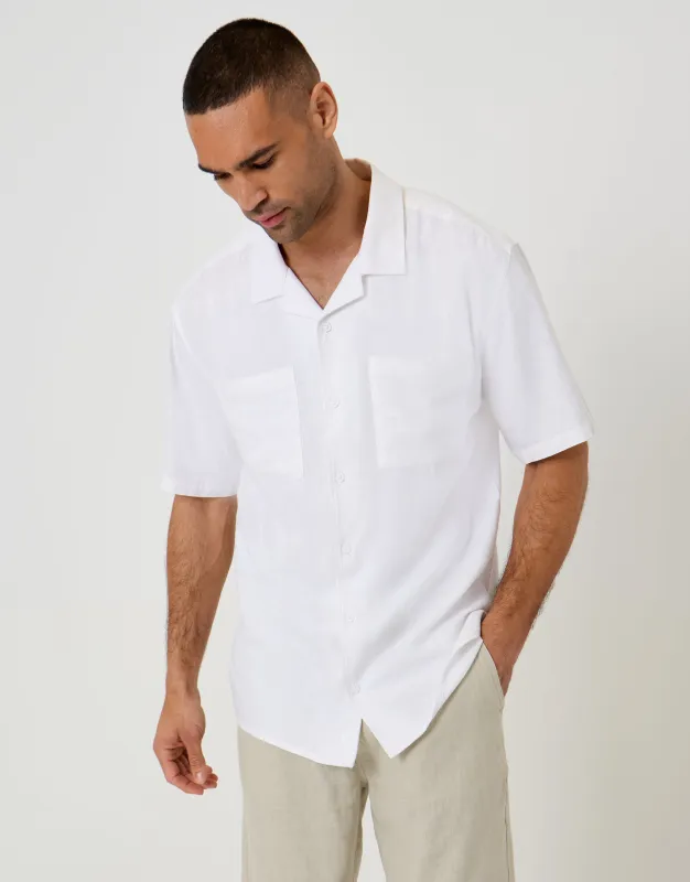 Relaxed Fit Linen Blend Short Sleeve Shirt in White made by Threadbare