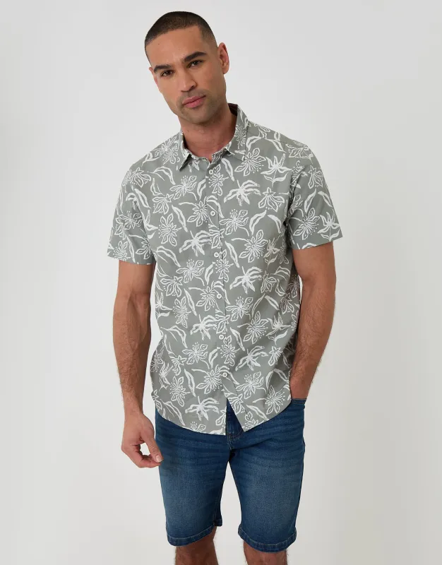 Tropical Print Cotton Poplin Short Sleeve Shirt in Sage Green made by Threadbare