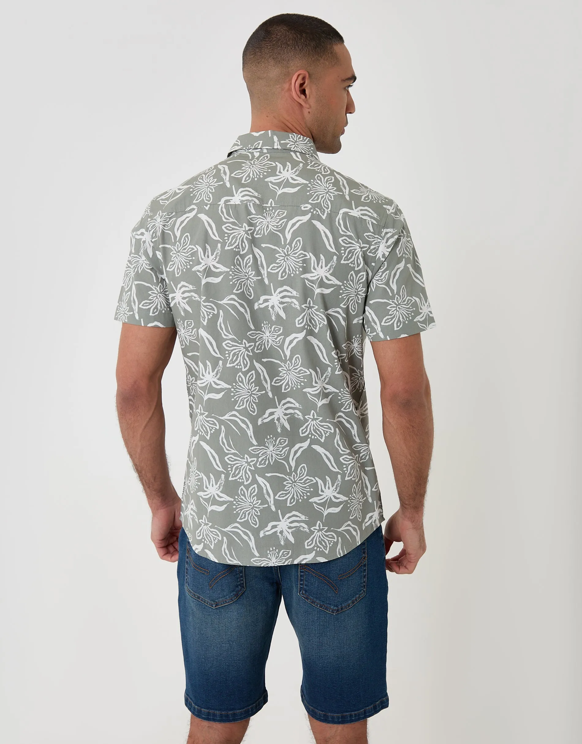Tropical Print Cotton Poplin Short Sleeve Shirt in Sage Green sold by Threadbare product image thumbnail 2