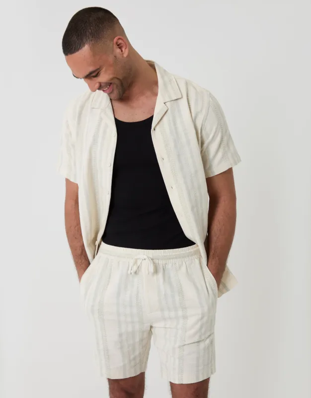 Sage Green Shorter Length Geometric Stripe Textured Cotton Shorts made by Threadbare