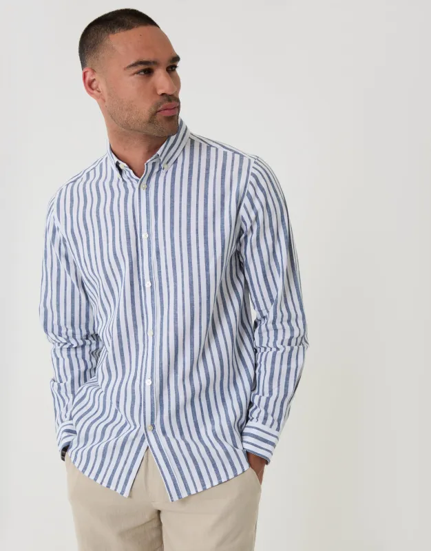 Wide Linen Cotton Blend Long Sleeve Shirt in Blue Stripe made by Threadbare