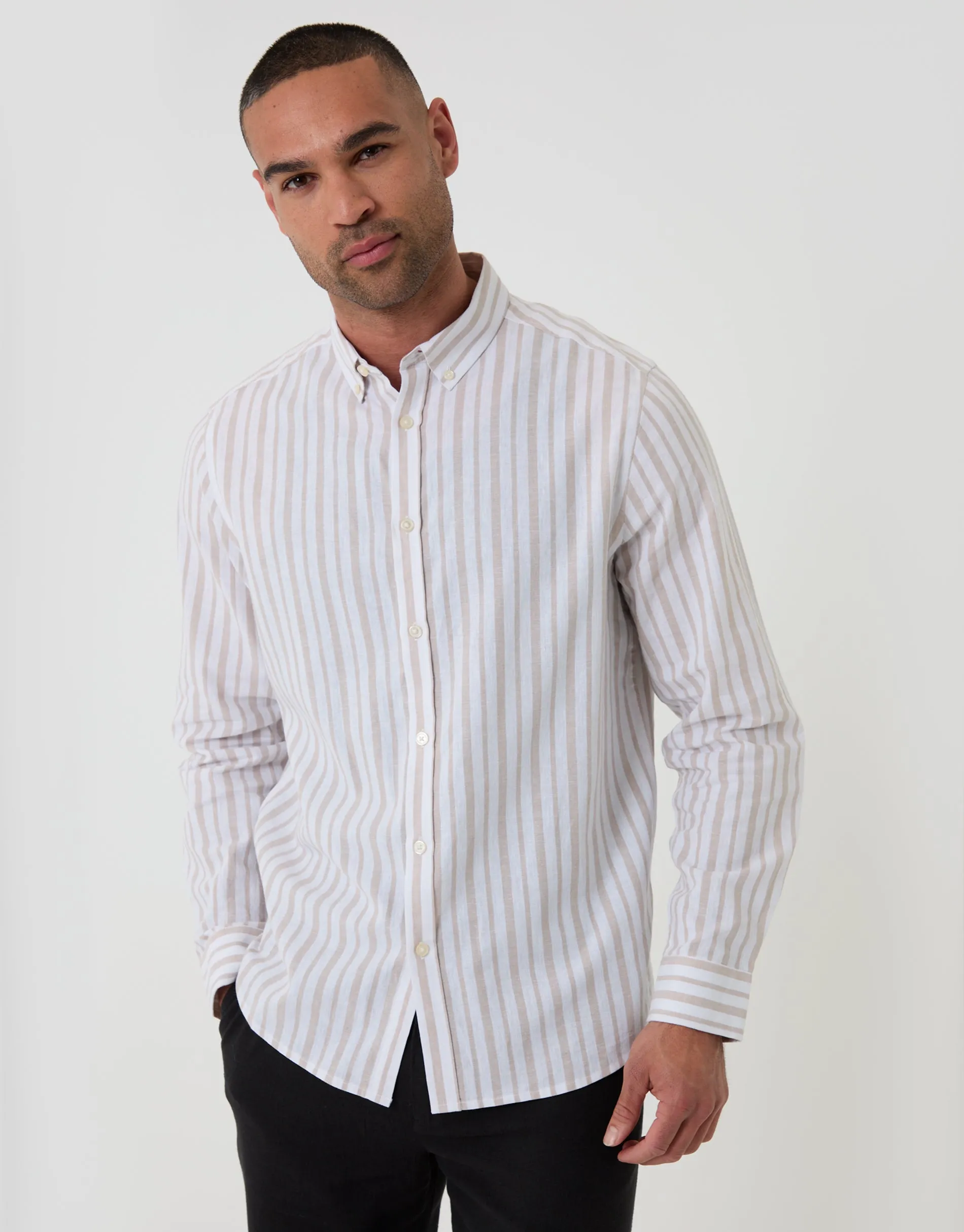 Wide Linen Cotton Blend Long Sleeve Shirt in Stone Stripe sold by Threadbare product image thumbnail 4