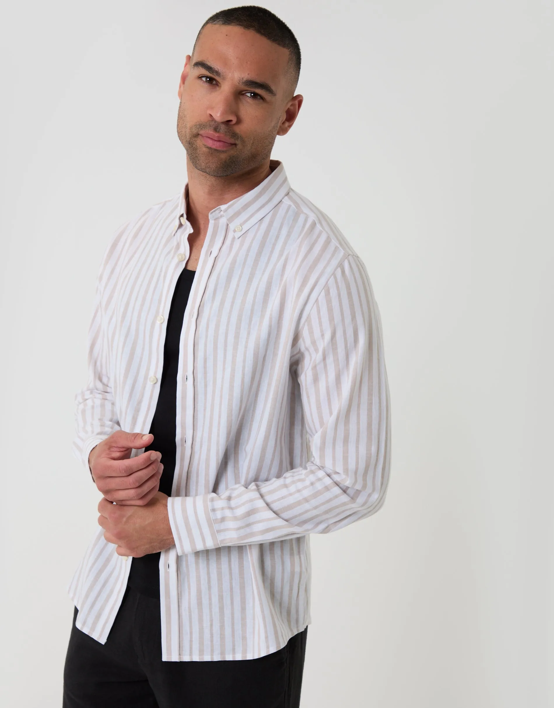 Wide Linen Cotton Blend Long Sleeve Shirt in Stone Stripe sold by Threadbare