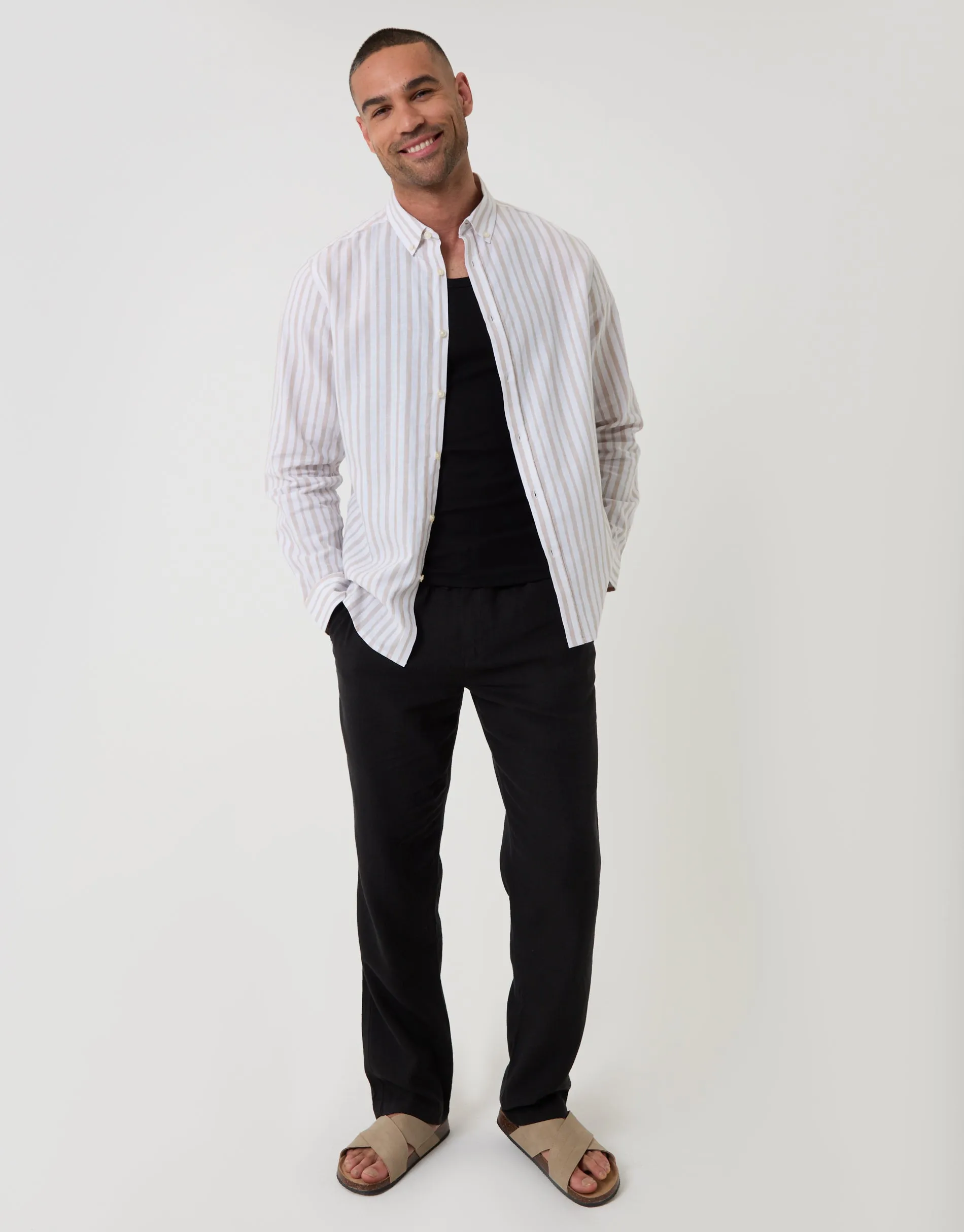 Wide Linen Cotton Blend Long Sleeve Shirt in Stone Stripe sold by Threadbare product image thumbnail 3