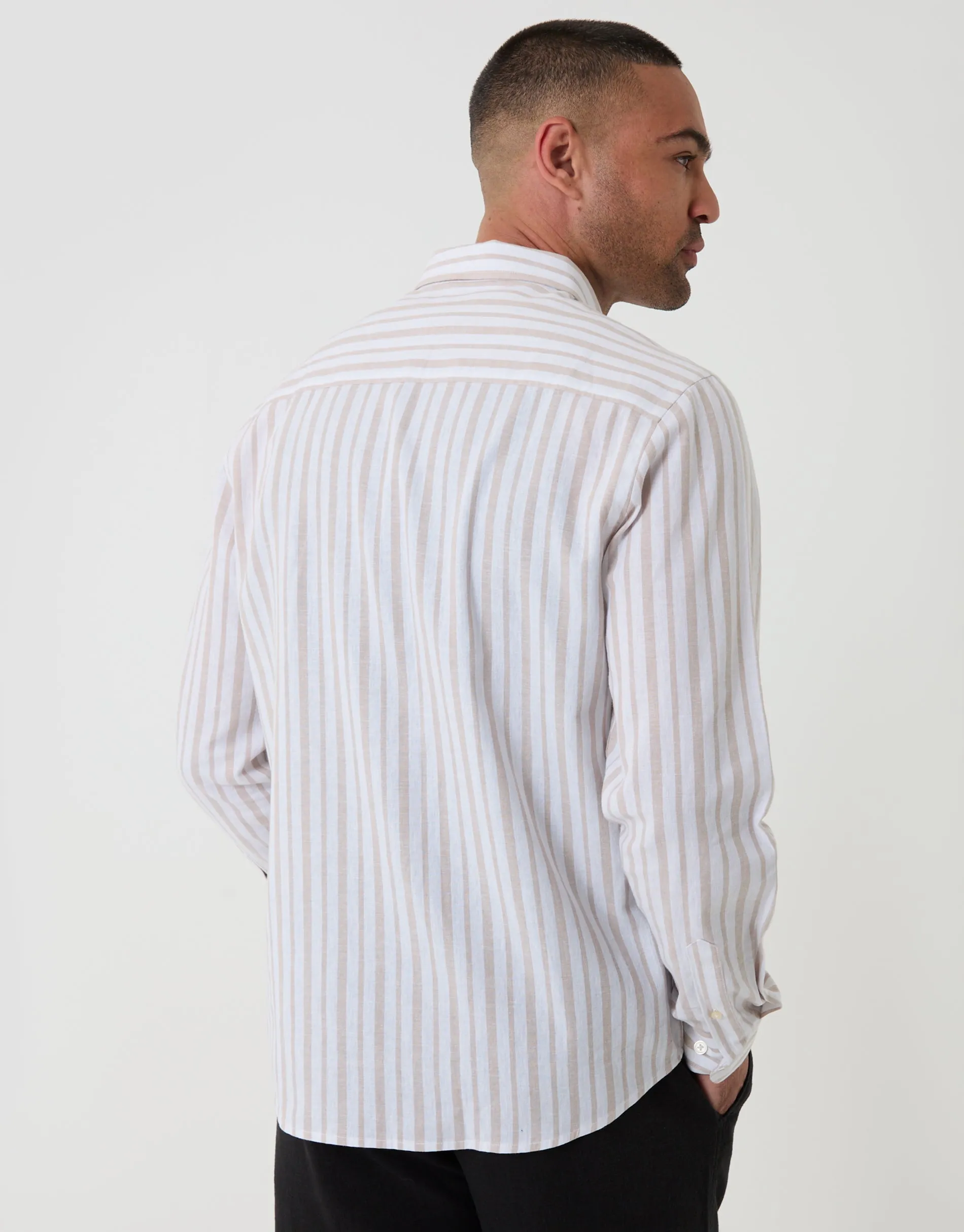 Wide Linen Cotton Blend Long Sleeve Shirt in Stone Stripe sold by Threadbare product image thumbnail 2
