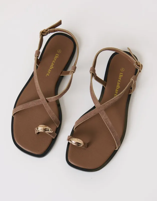 Mink Brown Cross Strap Toe Loop Sandals made by Threadbare